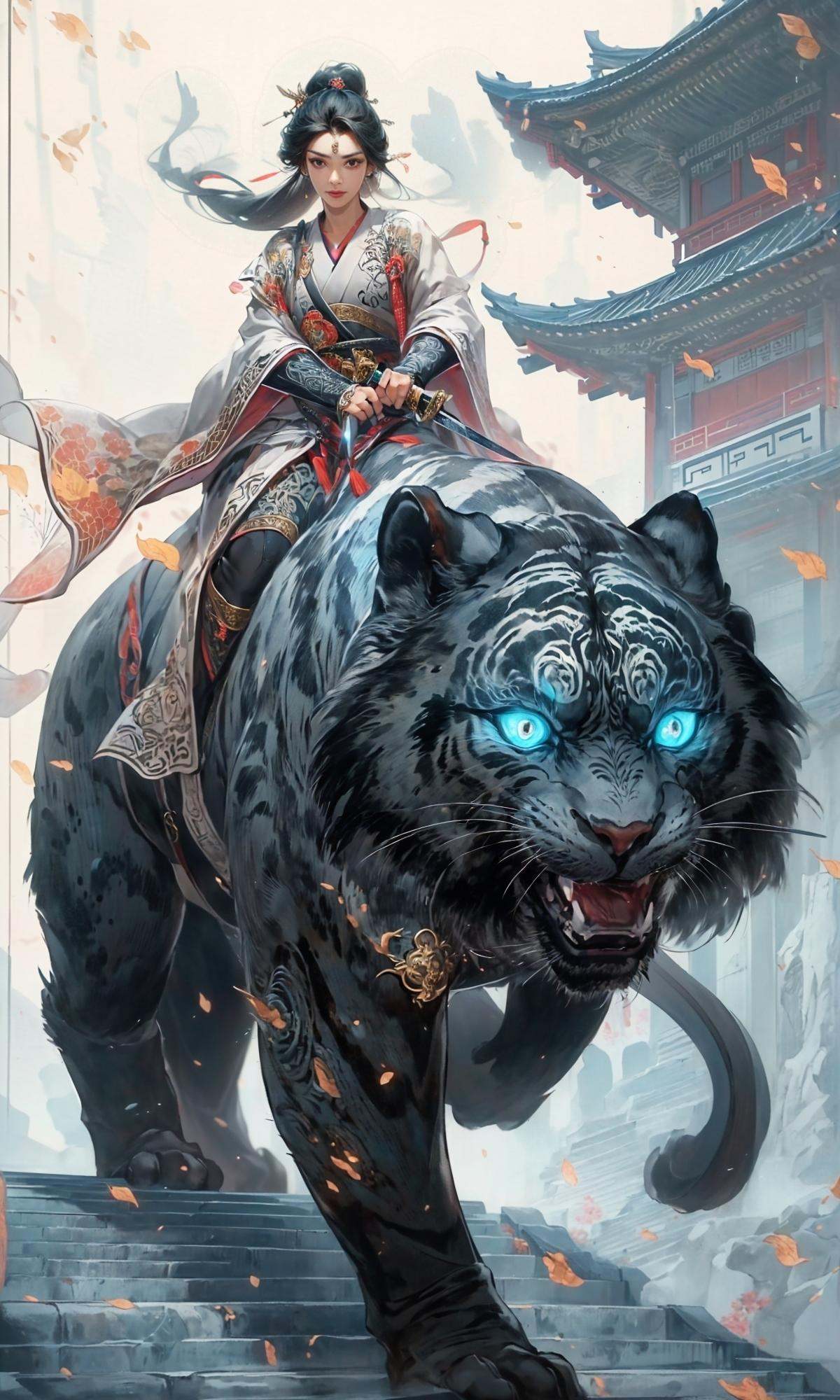 masterpiece, best quality, 8k, insane details, intricate details, hyperdetailed, hyper quality, high detail, ultra detailed, Masterpiece,1girl, solo,East Asian architecture，Hanfu，Sword in hand，<lora:Riding a giant tiger_20230822144927:0.7>