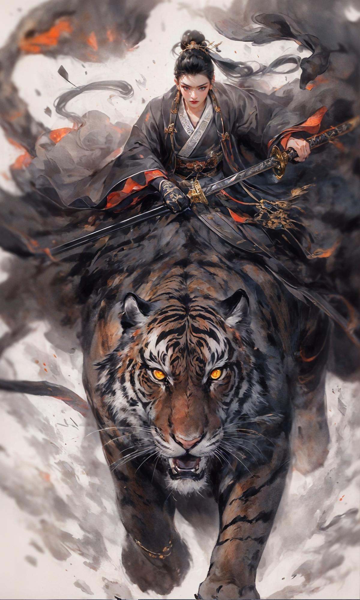 masterpiece, best quality, 8k, insane details, intricate details, hyperdetailed, hyper quality, high detail, ultra detailed, Masterpiece,1girl, solo,East Asian architecture，Hanfu，Sword in hand，<lora:Riding a giant tiger_20230822144927:0.7>