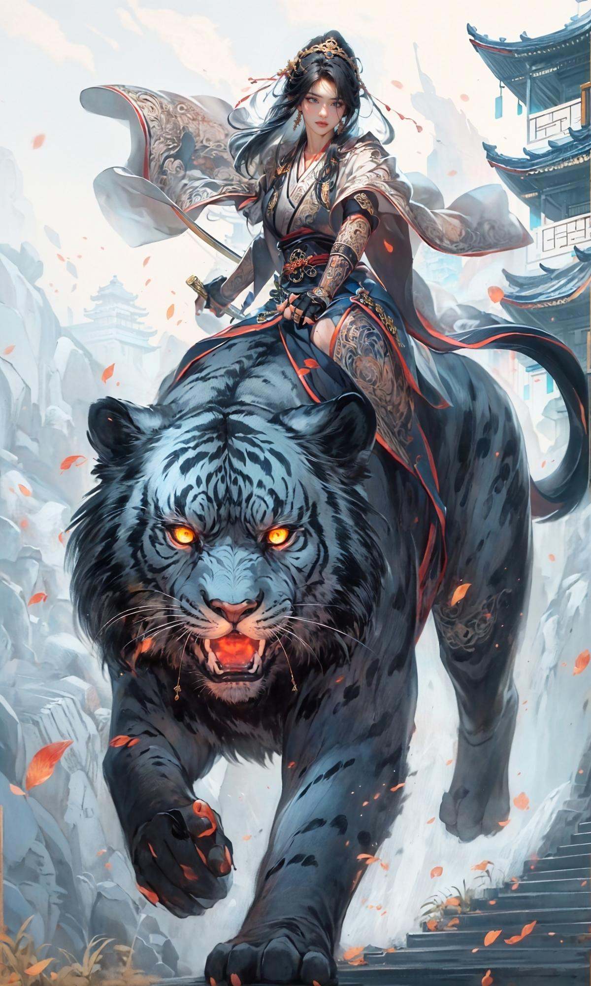masterpiece, best quality, 8k, insane details, intricate details, hyperdetailed, hyper quality, high detail, ultra detailed, Masterpiece,1girl, solo,East Asian architecture，Hanfu，Sword in hand，<lora:Riding a giant tiger_20230822144927:0.7>