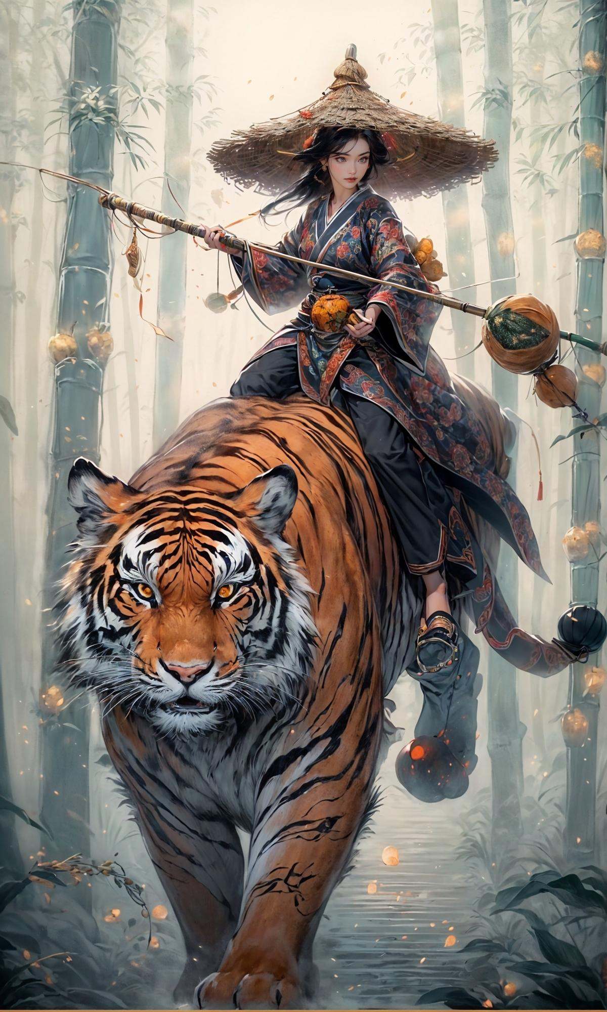 masterpiece, best quality, 8k, insane details, intricate details, hyperdetailed, hyper quality, high detail, ultra detailed, Masterpiece,1girl, solo,East Asian architecture，Hanfu，Bamboo grove，fishing rod，(gourd:1.6)，<lora:Riding a giant tiger_20230822144927:0.7>