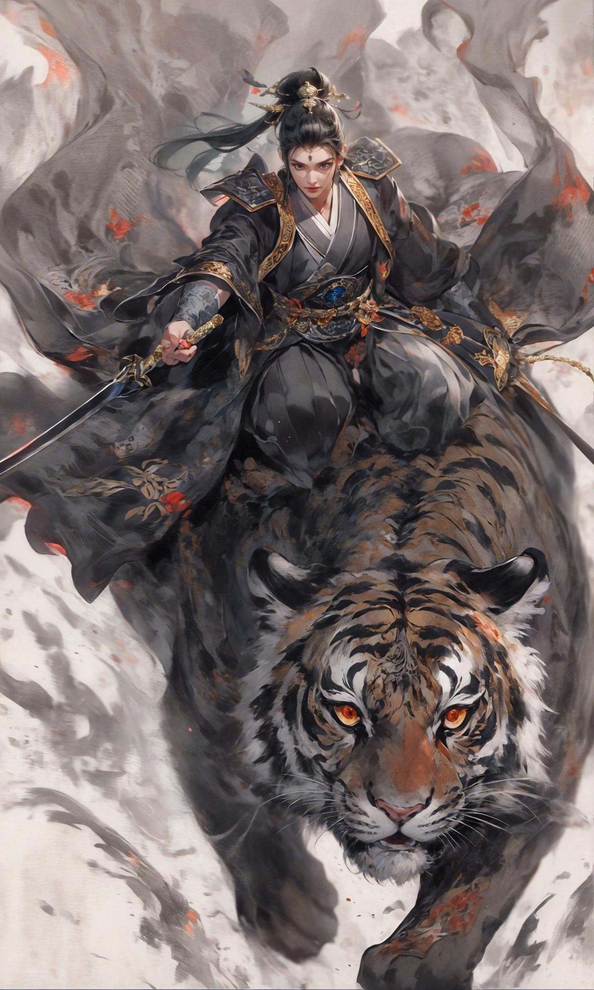masterpiece, best quality, 8k, insane details, intricate details, hyperdetailed, hyper quality, high detail, ultra detailed, Masterpiece,1girl, solo,East Asian architecture，Hanfu，Sword in hand，<lora:Riding a giant tiger_20230822144927:0.7>