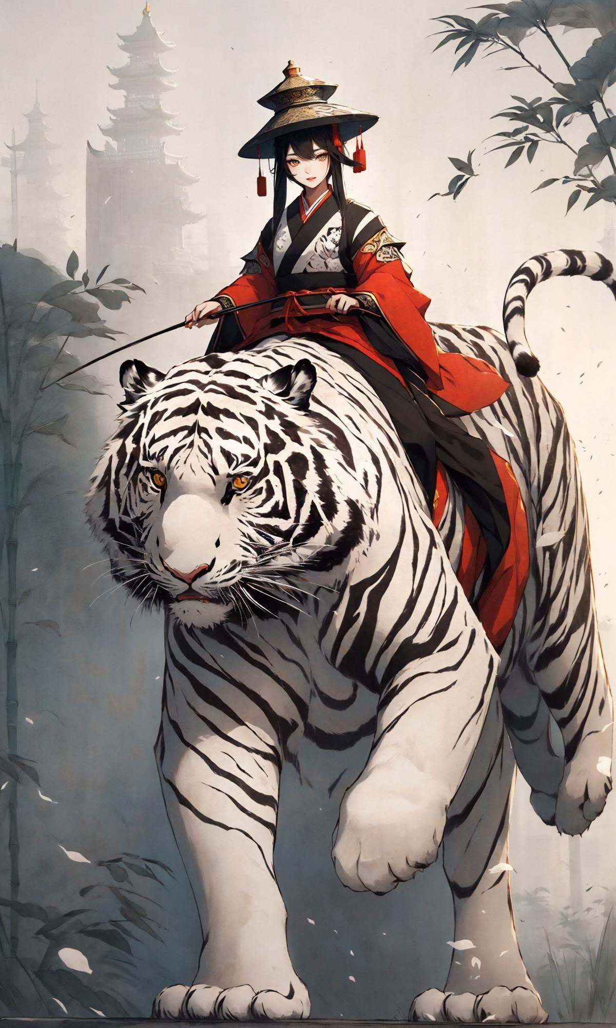 A stunning Chinese beauty in traditional Hanfu attire riding a massive tiger, carrying a large gourd,in the style of Chinese ink painting，East Asian architecture，1girl,  solo,  Bamboo hat, (white tiger:1.6),<lora:Riding a giant tiger_20230822144927:0.8>