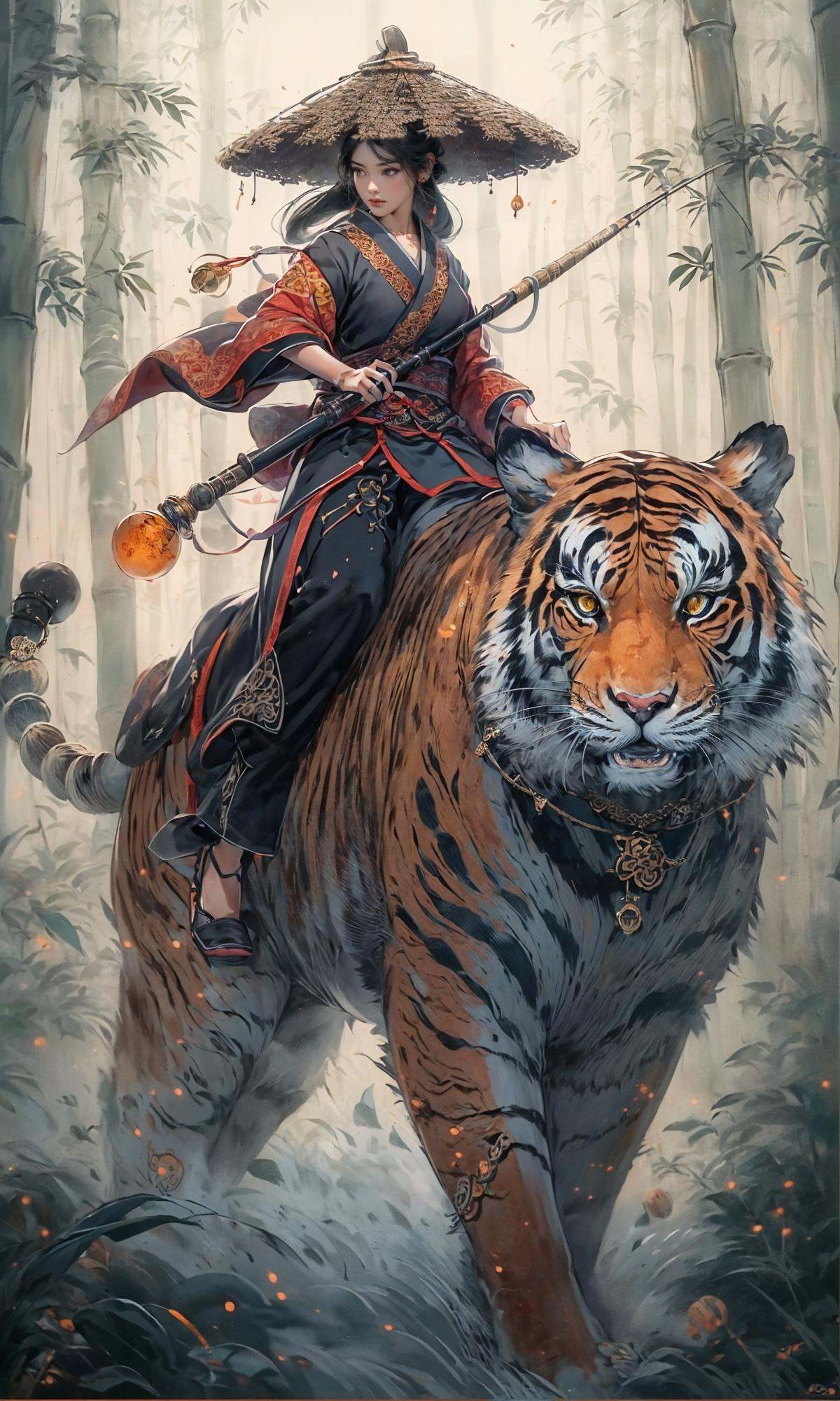 masterpiece, best quality, 8k, insane details, intricate details, hyperdetailed, hyper quality, high detail, ultra detailed, Masterpiece,1girl, solo,East Asian architecture，Hanfu，Bamboo grove，fishing rod，(gourd:1.6)，<lora:Riding a giant tiger_20230822144927:0.7>
