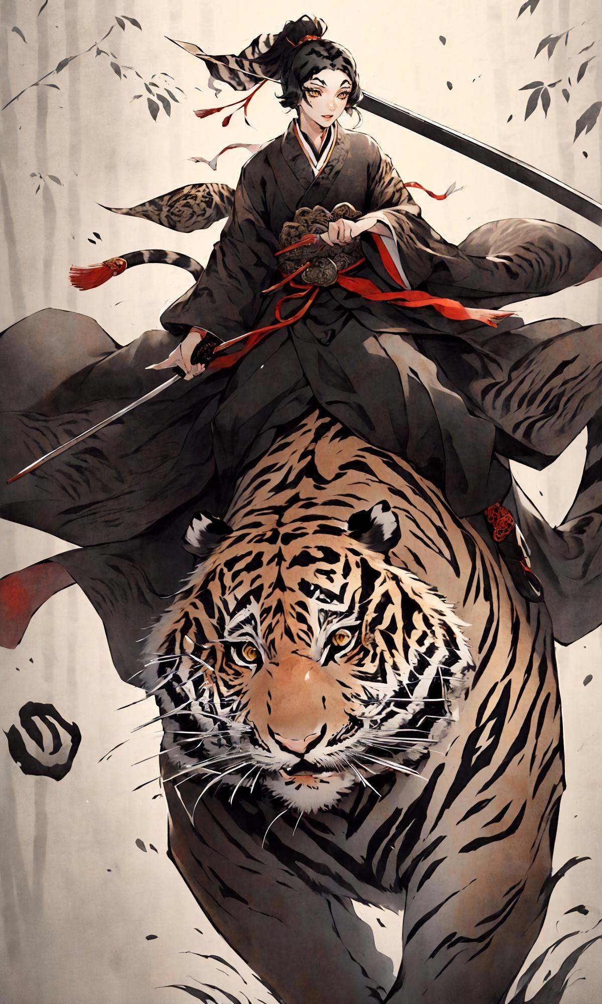 1girl, solo, (black tiger:1.7), Chinese ink painting，East Asian architecture，Riding a giant tiger，<lora:Riding a giant tiger_20230822144927:0.8>