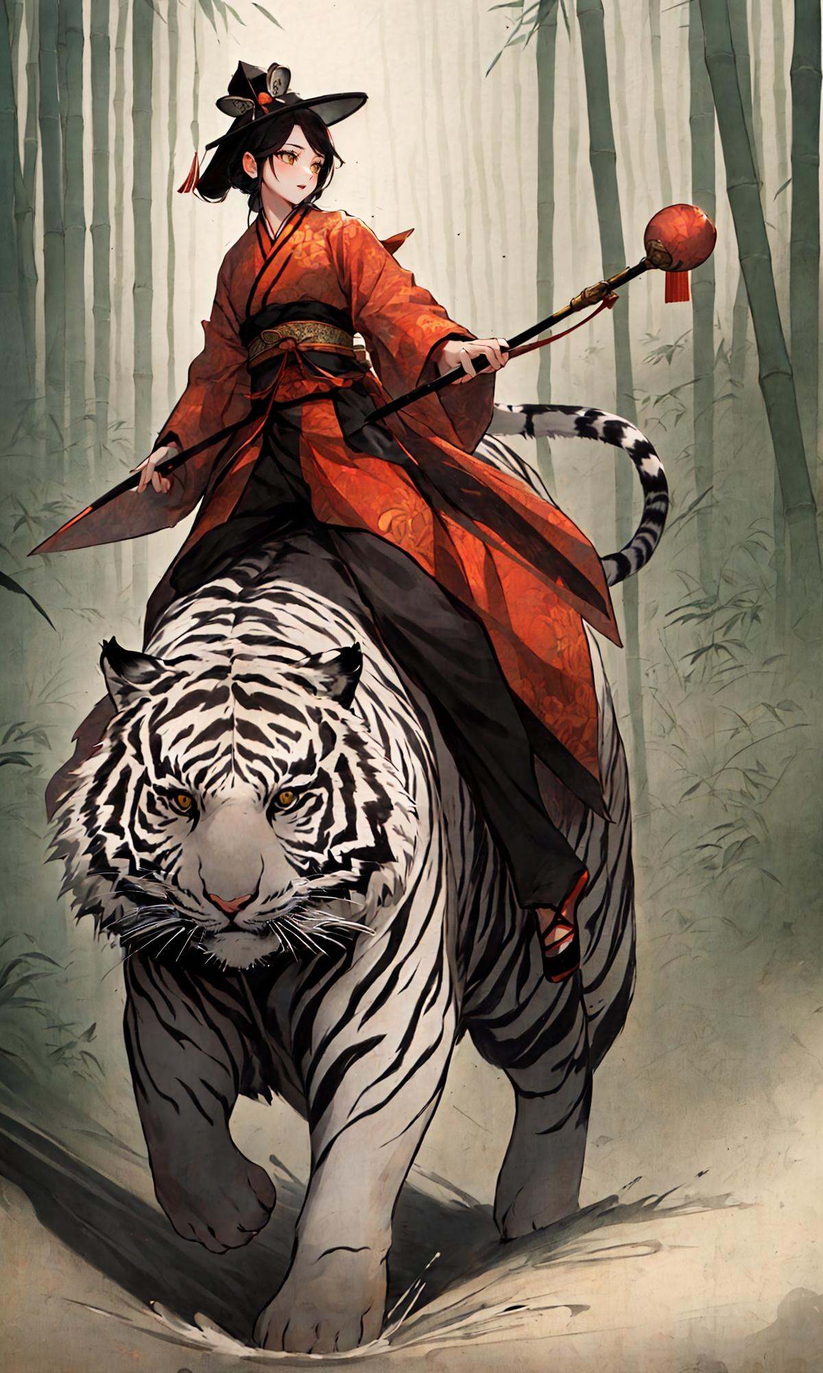 A stunning Chinese beauty in traditional Hanfu attire riding a massive tiger, carrying a large gourd,in the style of Chinese ink painting，East Asian architecture，1girl,  solo,  Bamboo hat, (white tiger:1.6),<lora:Riding a giant tiger_20230822144927:0.8>