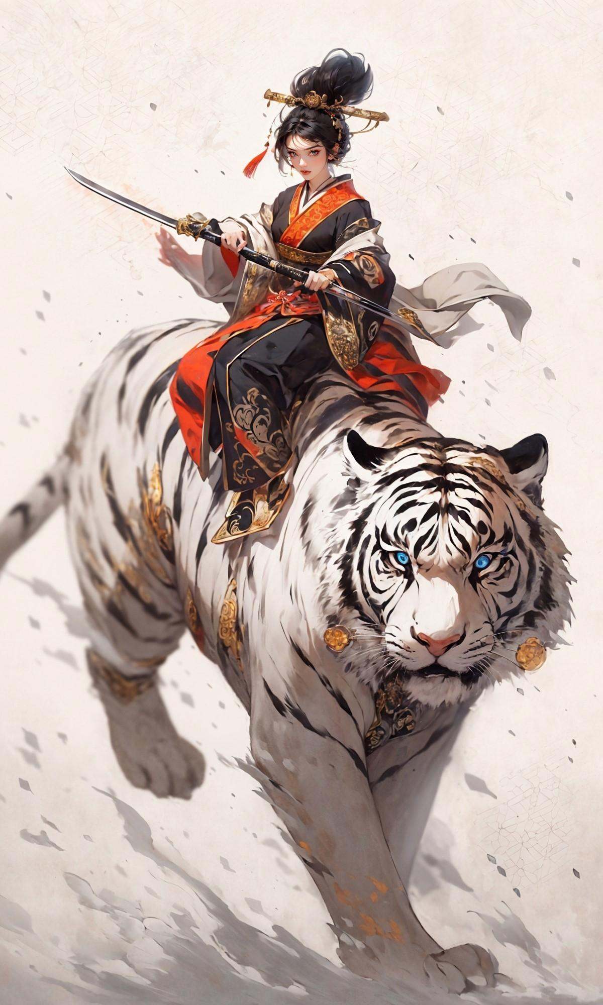 masterpiece, best quality, 8k, insane details, intricate details, hyperdetailed, hyper quality, high detail, ultra detailed, Masterpiece,1girl, solo,East Asian architecture，Hanfu，Sword in hand，<lora:Riding a giant tiger_20230822144927:0.7>
