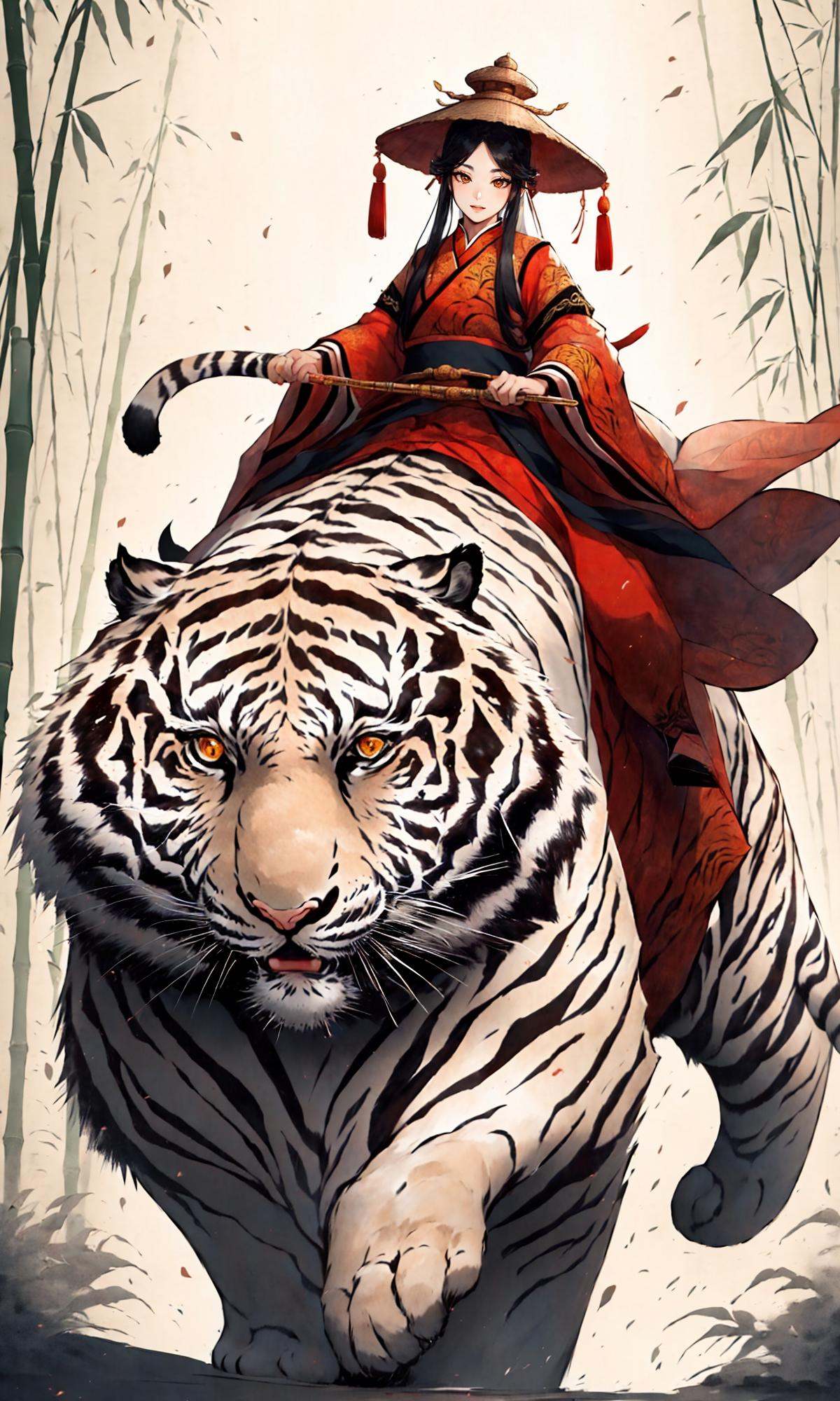 A stunning Chinese beauty in traditional Hanfu attire riding a massive tiger, carrying a large gourd,in the style of Chinese ink painting，East Asian architecture，1girl,  solo,  Bamboo hat, (white tiger:1.6),<lora:Riding a giant tiger_20230822144927:0.8>