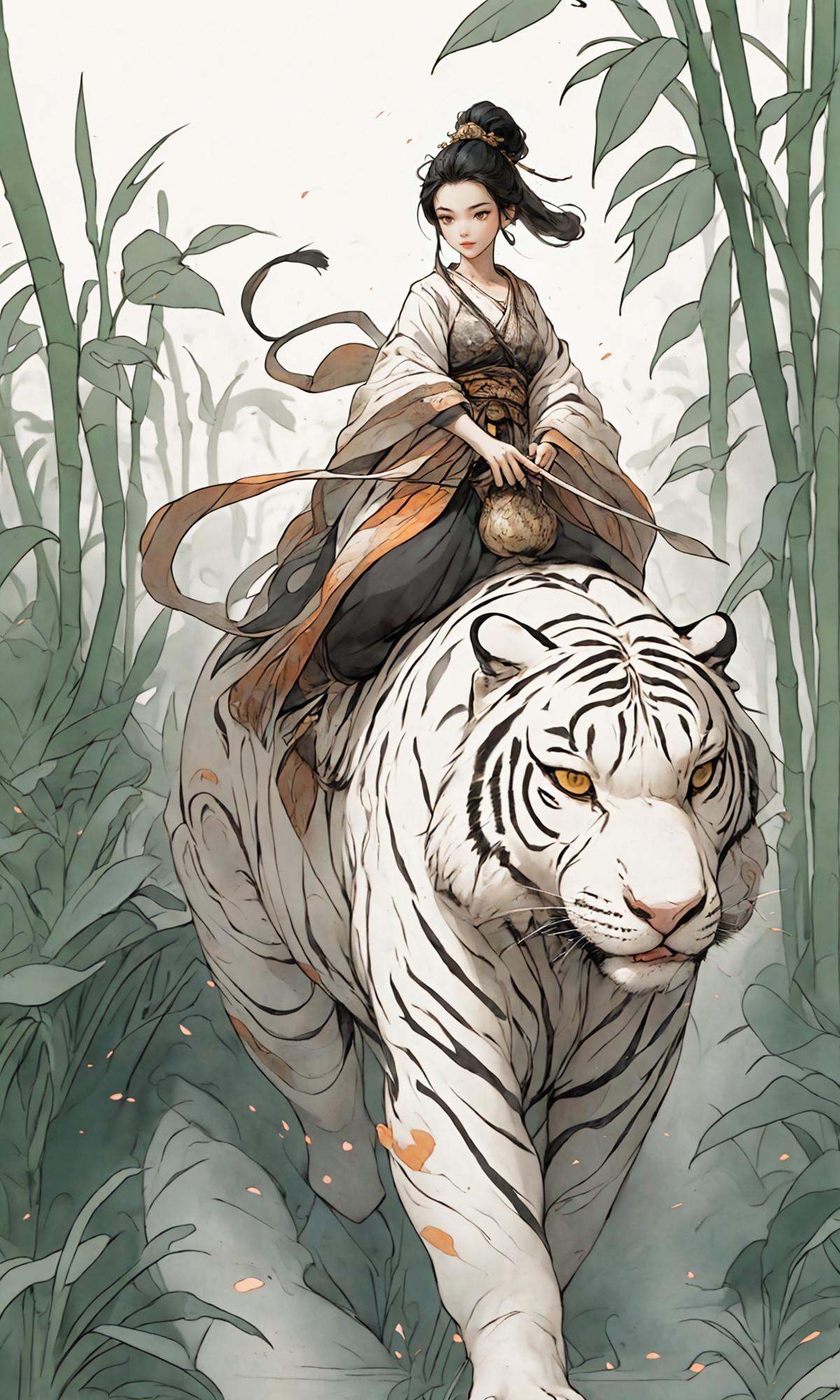 A stunning Chinese beauty in traditional Hanfu attire riding a massive tiger, carrying a large gourd,in the style of Chinese ink painting，East Asian architecture，1girl,  solo,  Bamboo hat, (white tiger:1.6),<lora:Riding a giant tiger_20230822144927:0.8>