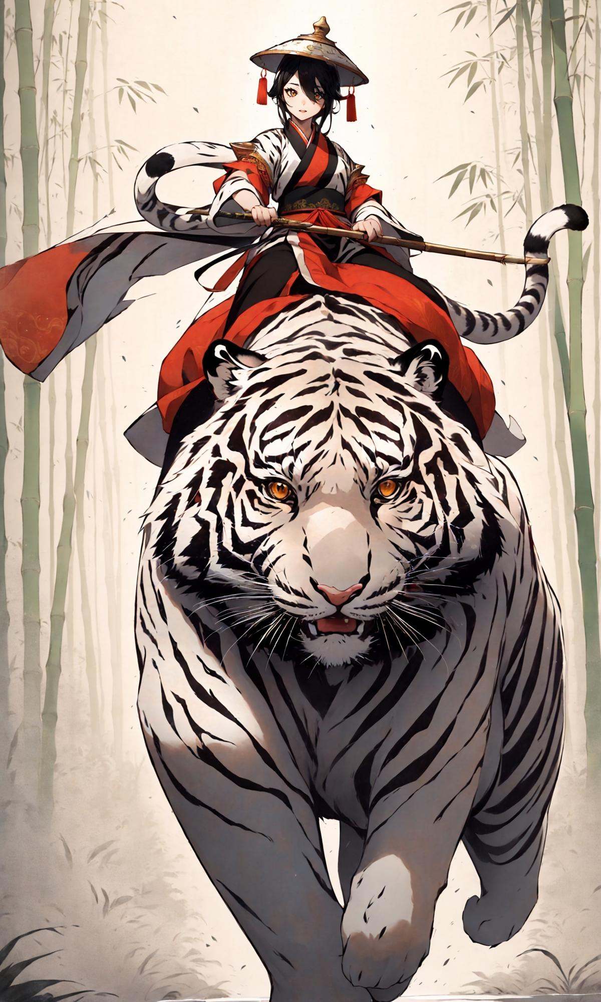 A stunning Chinese beauty in traditional Hanfu attire riding a massive tiger, carrying a large gourd,in the style of Chinese ink painting，East Asian architecture，1girl,  solo,  Bamboo hat, (white tiger:1.6),<lora:Riding a giant tiger_20230822144927:0.8>