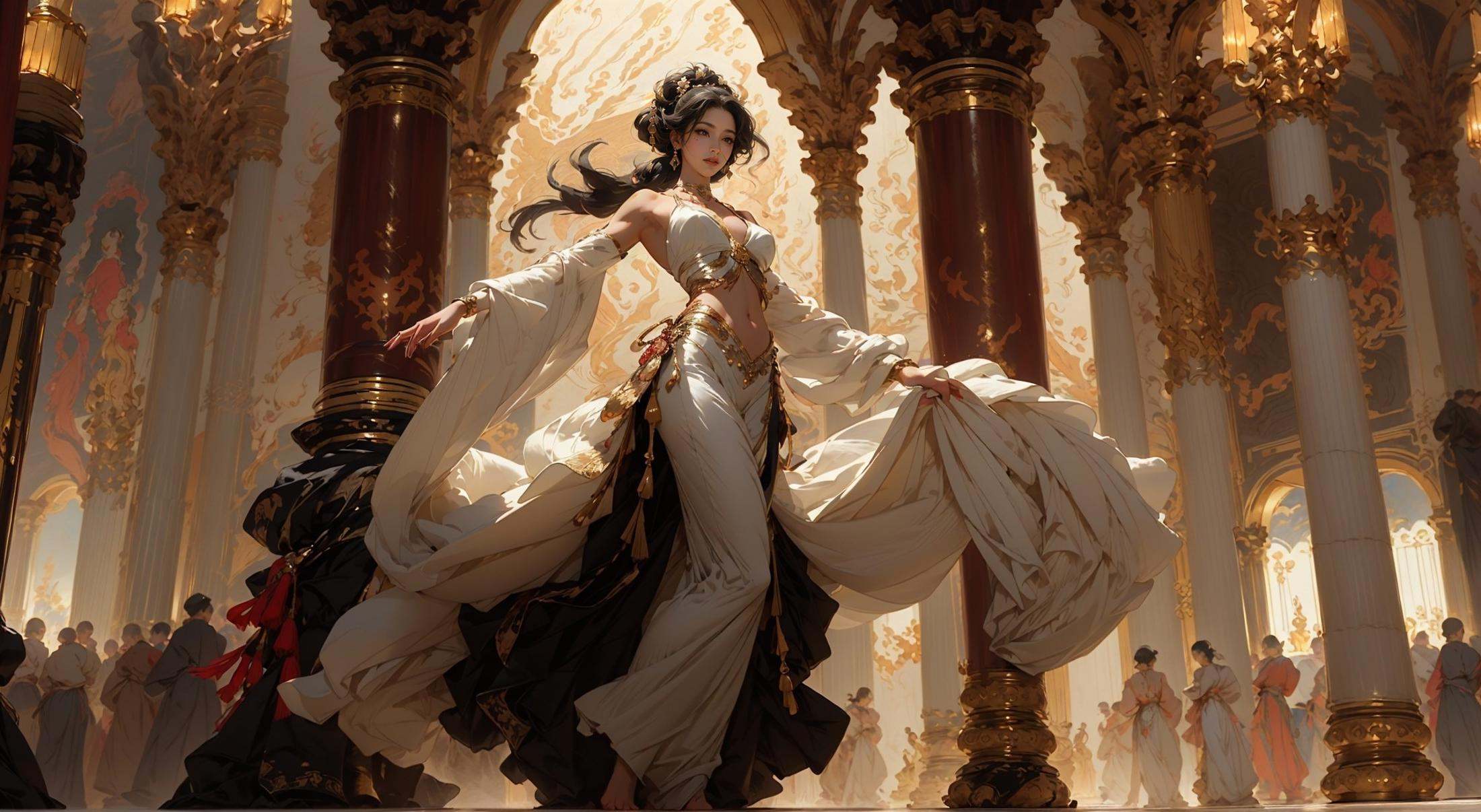 masterpiece, best quality, 8k, insane details, intricate details, hyperdetailed, hyper quality, high detail, ultra detailed, Masterpiece, (shiny skin:1.6)，(gigantic breasts:1.15), exposed collarbone, exposed shoulders，exposed abdomen，1girl, solo, Full body photos, majestic palace background, red flames and black swirls, a beautiful girl dancing in the center of the palace, dressed in Song Dynasty dress, traditional Chinese costume jewelry, acrylic oil paintings, elaborate costumes, barefoot, Oriental girl, realistic, Rococo, dof, Photo grade，<lora:Dance_20230822160641:0.9>