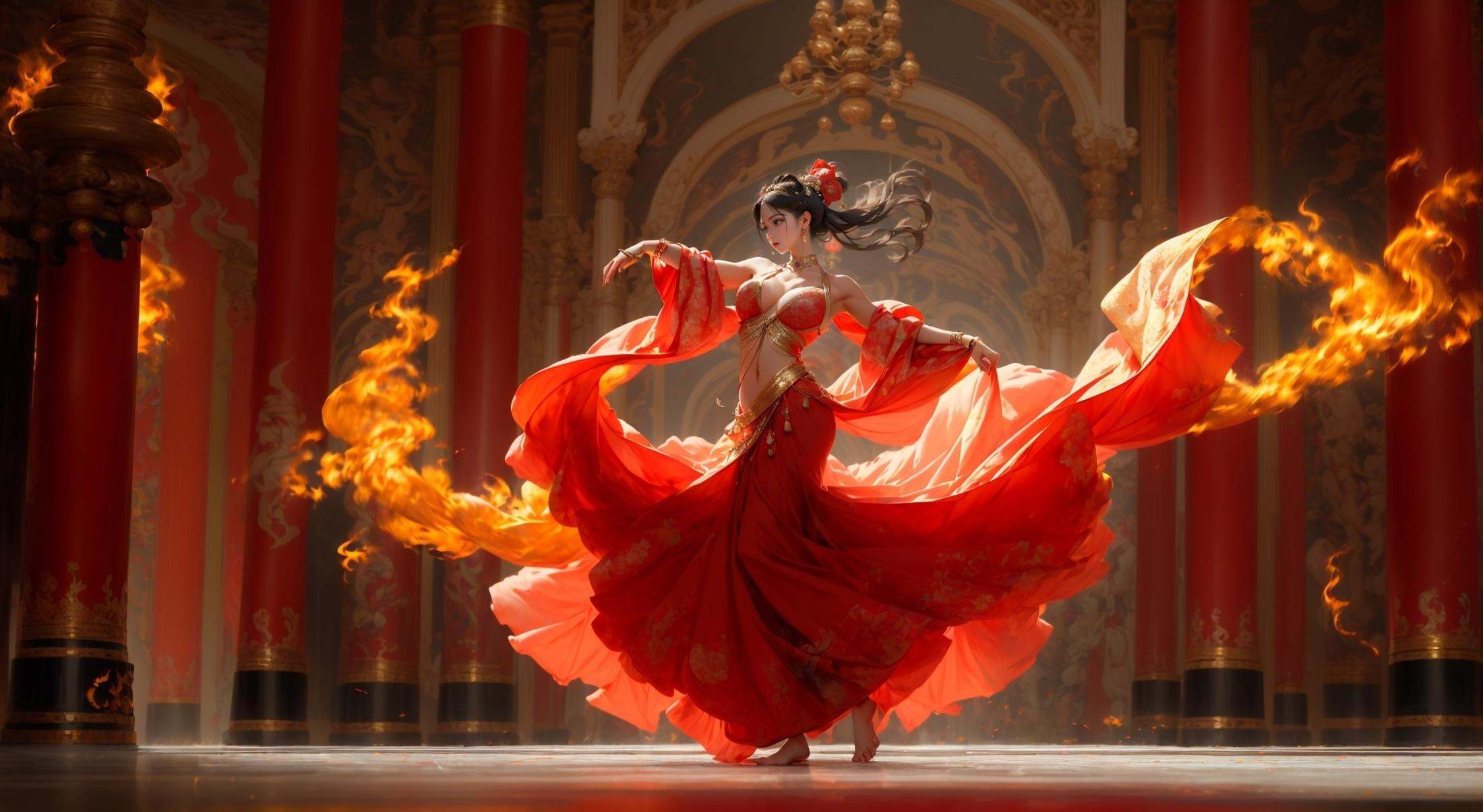 masterpiece, best quality, 8k, insane details, intricate details, hyperdetailed, hyper quality, high detail, ultra detailed, Masterpiece, (shiny skin:1.6)，(gigantic breasts:1.15), exposed collarbone, exposed shoulders，exposed abdomen，1girl, solo, Full body photos, majestic palace background, red flames and black swirls, a beautiful girl dancing in the center of the palace, dressed in Song Dynasty dress, traditional Chinese costume jewelry, acrylic oil paintings, elaborate costumes, barefoot, Oriental girl, realistic, Rococo, dof, Photo grade，<lora:Dance_20230822160641:0.9>