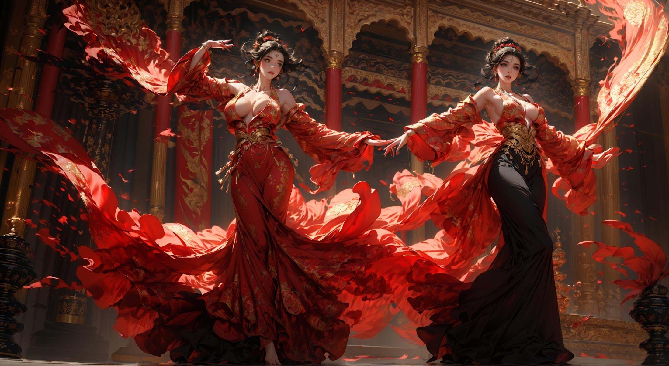 masterpiece, best quality, 8k, insane details, intricate details, hyperdetailed, hyper quality, high detail, ultra detailed, Masterpiece, (shiny skin:1.6)，(gigantic breasts:1.15), exposed collarbone, exposed shoulders，exposed abdomen，(headwear:1.5)，1girl, solo, Full body photos, majestic palace background, red flames and black swirls, a beautiful girl dancing in the center of the palace, dressed in Song Dynasty dress, traditional Chinese costume jewelry, acrylic oil paintings, elaborate costumes, barefoot, Oriental girl, realistic, Rococo, dof, Photo grade，<lora:Dance_20230822160641:0.9>