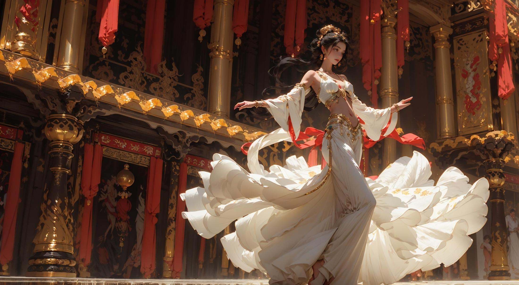 masterpiece, best quality, 8k, insane details, intricate details, hyperdetailed, hyper quality, high detail, ultra detailed, Masterpiece, (shiny skin:1.6)，(gigantic breasts:1.15), exposed collarbone, exposed shoulders，exposed abdomen，(headwear:1.5)，1girl, solo, Full body photos, majestic palace background, red flames and black swirls, a beautiful girl dancing in the center of the palace, dressed in Song Dynasty dress, traditional Chinese costume jewelry, acrylic oil paintings, elaborate costumes, barefoot, Oriental girl, realistic, Rococo, dof, Photo grade，<lora:Dance_20230822160641:0.9>