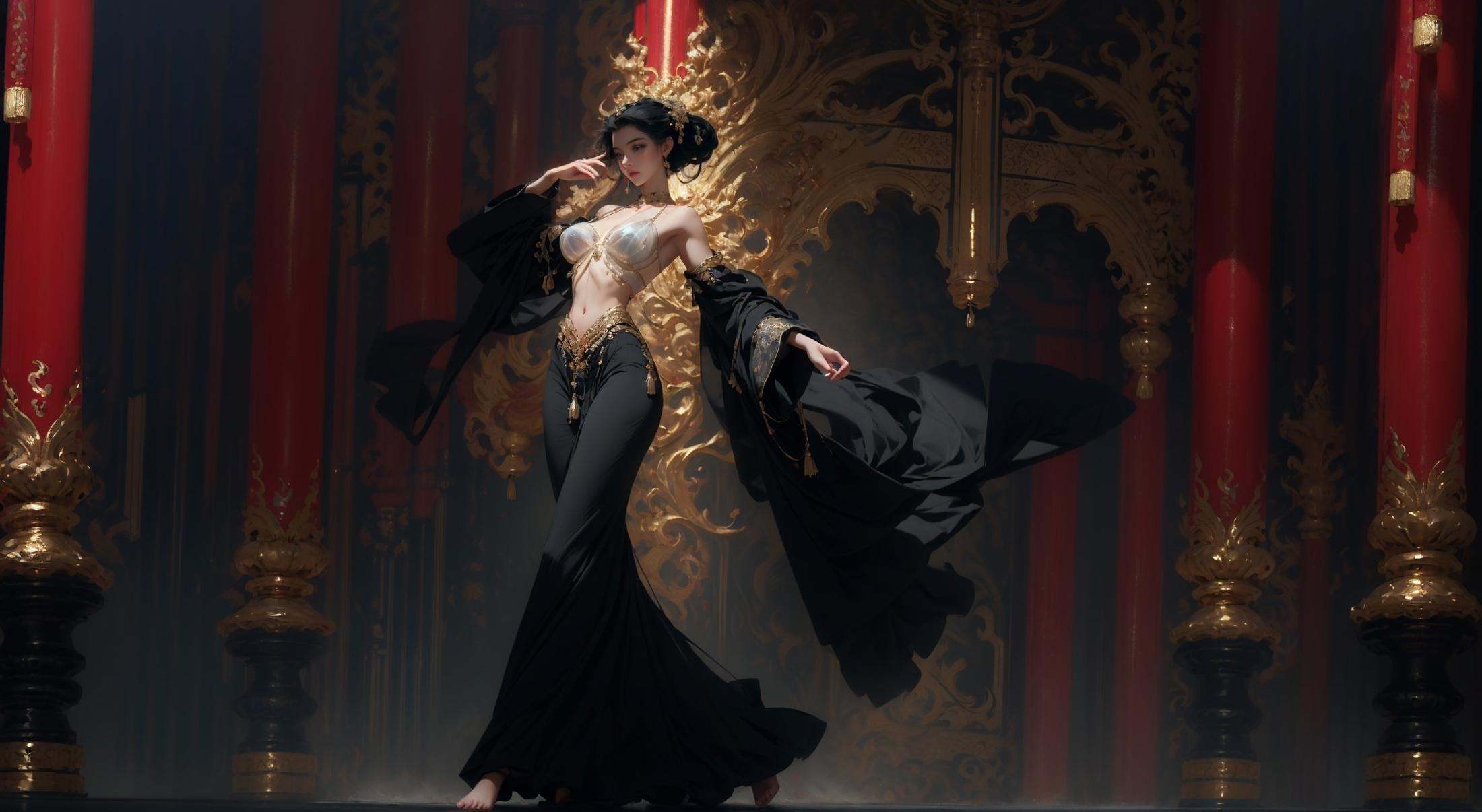 masterpiece, best quality, 8k, insane details, intricate details, hyperdetailed, hyper quality, high detail, ultra detailed, Masterpiece, (shiny skin:1.6)，(gigantic breasts:1.15), exposed collarbone, exposed shoulders，exposed abdomen，(headwear:1.5)，1girl, solo, Full body photos, majestic palace background, red flames and black swirls, a beautiful girl dancing in the center of the palace, dressed in Song Dynasty dress, traditional Chinese costume jewelry, acrylic oil paintings, elaborate costumes, barefoot, Oriental girl, realistic, Rococo, dof, Photo grade，<lora:Dance_20230822160641:0.9>