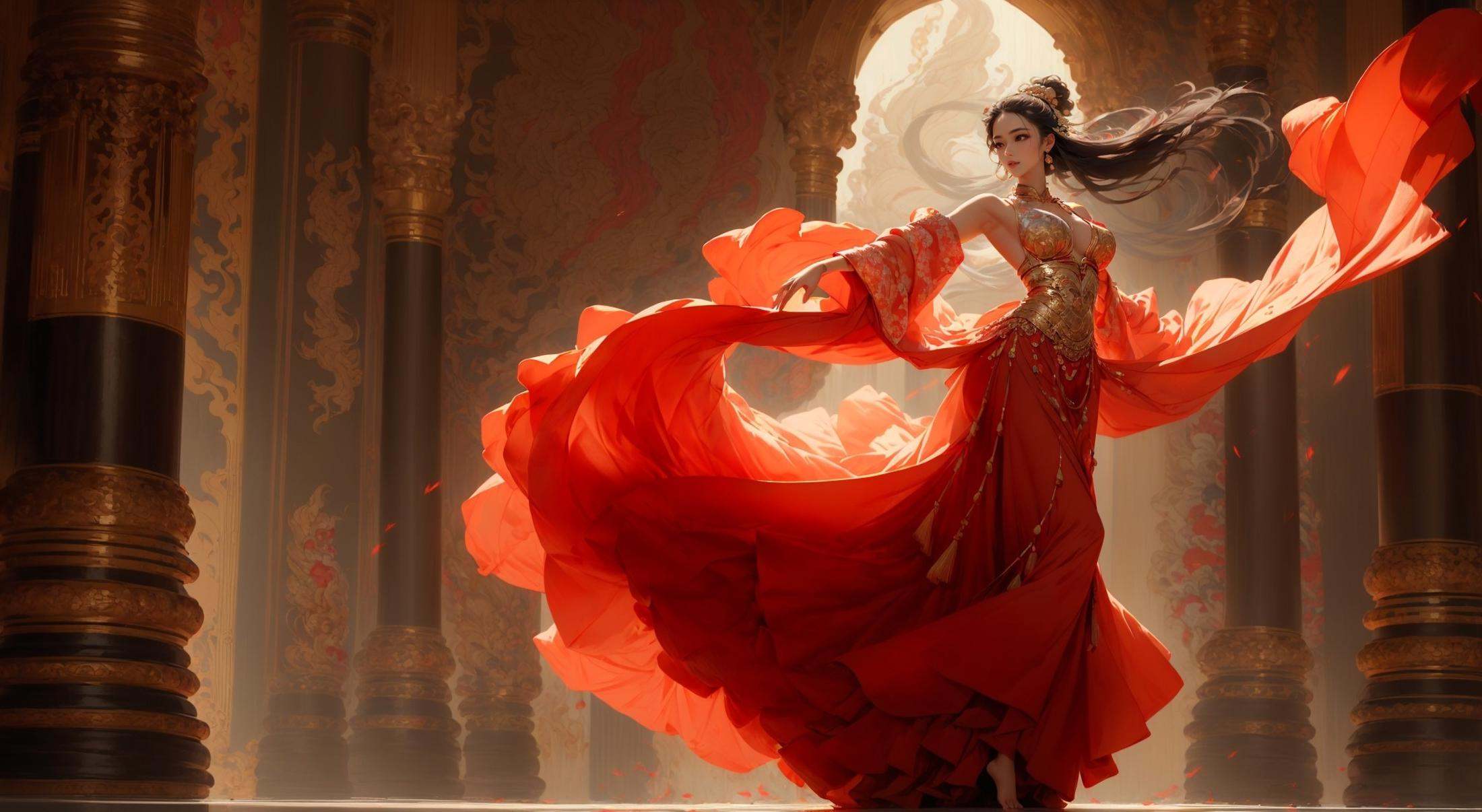 masterpiece, best quality, 8k, insane details, intricate details, hyperdetailed, hyper quality, high detail, ultra detailed, Masterpiece, (shiny skin:1.6)，(gigantic breasts:1.15), exposed collarbone, exposed shoulders，exposed abdomen，1girl, solo, Full body photos, majestic palace background, red flames and black swirls, a beautiful girl dancing in the center of the palace, dressed in Song Dynasty dress, traditional Chinese costume jewelry, acrylic oil paintings, elaborate costumes, barefoot, Oriental girl, realistic, Rococo, dof, Photo grade，<lora:Dance_20230822160641:0.9>