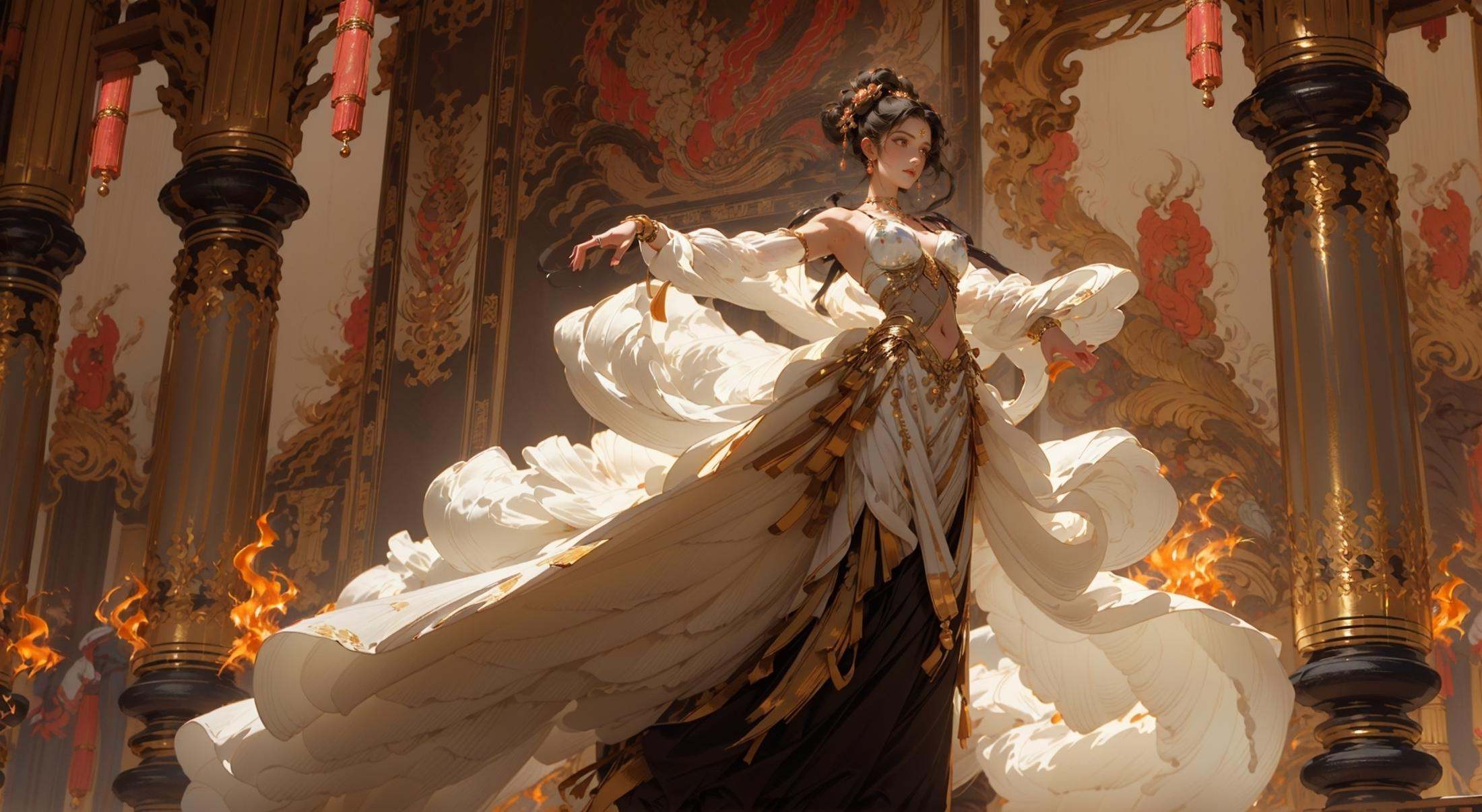 masterpiece, best quality, 8k, insane details, intricate details, hyperdetailed, hyper quality, high detail, ultra detailed, Masterpiece, (shiny skin:1.6)，(gigantic breasts:1.15), exposed collarbone, exposed shoulders，exposed abdomen，1girl, solo, Full body photos, majestic palace background, red flames and black swirls, a beautiful girl dancing in the center of the palace, dressed in Song Dynasty dress, traditional Chinese costume jewelry, acrylic oil paintings, elaborate costumes, barefoot, Oriental girl, realistic, Rococo, dof, Photo grade，<lora:Dance_20230822160641:0.9>