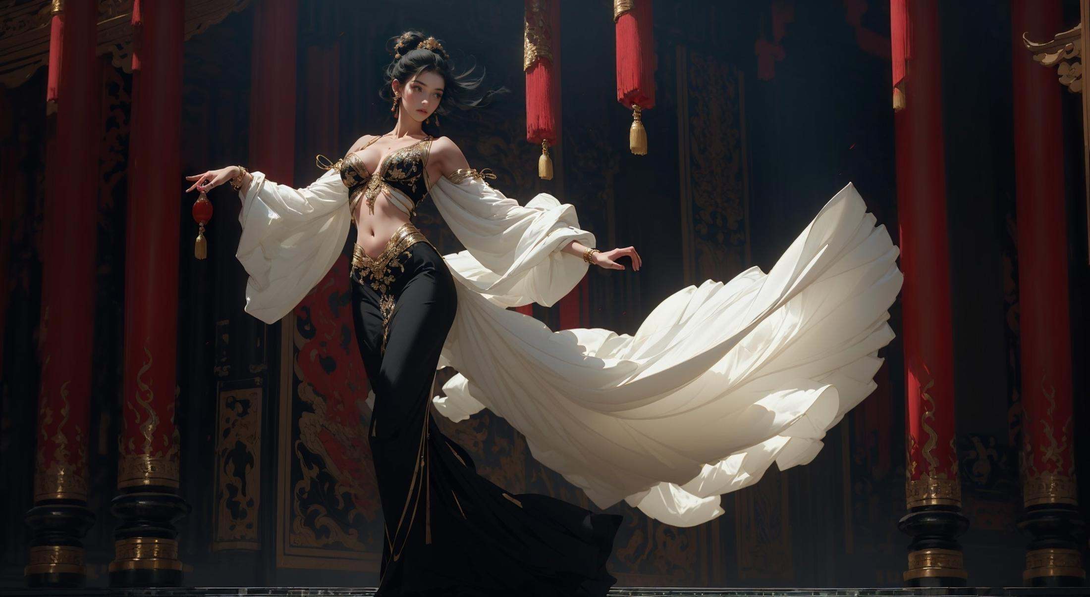 masterpiece, best quality, 8k, insane details, intricate details, hyperdetailed, hyper quality, high detail, ultra detailed, Masterpiece, (shiny skin:1.6)，(gigantic breasts:1.15), exposed collarbone, exposed shoulders，exposed abdomen，(headwear:1.5)，1girl, solo, Full body photos, majestic palace background, red flames and black swirls, a beautiful girl dancing in the center of the palace, dressed in Song Dynasty dress, traditional Chinese costume jewelry, acrylic oil paintings, elaborate costumes, barefoot, Oriental girl, realistic, Rococo, dof, Photo grade，<lora:Dance_20230822160641:0.9>