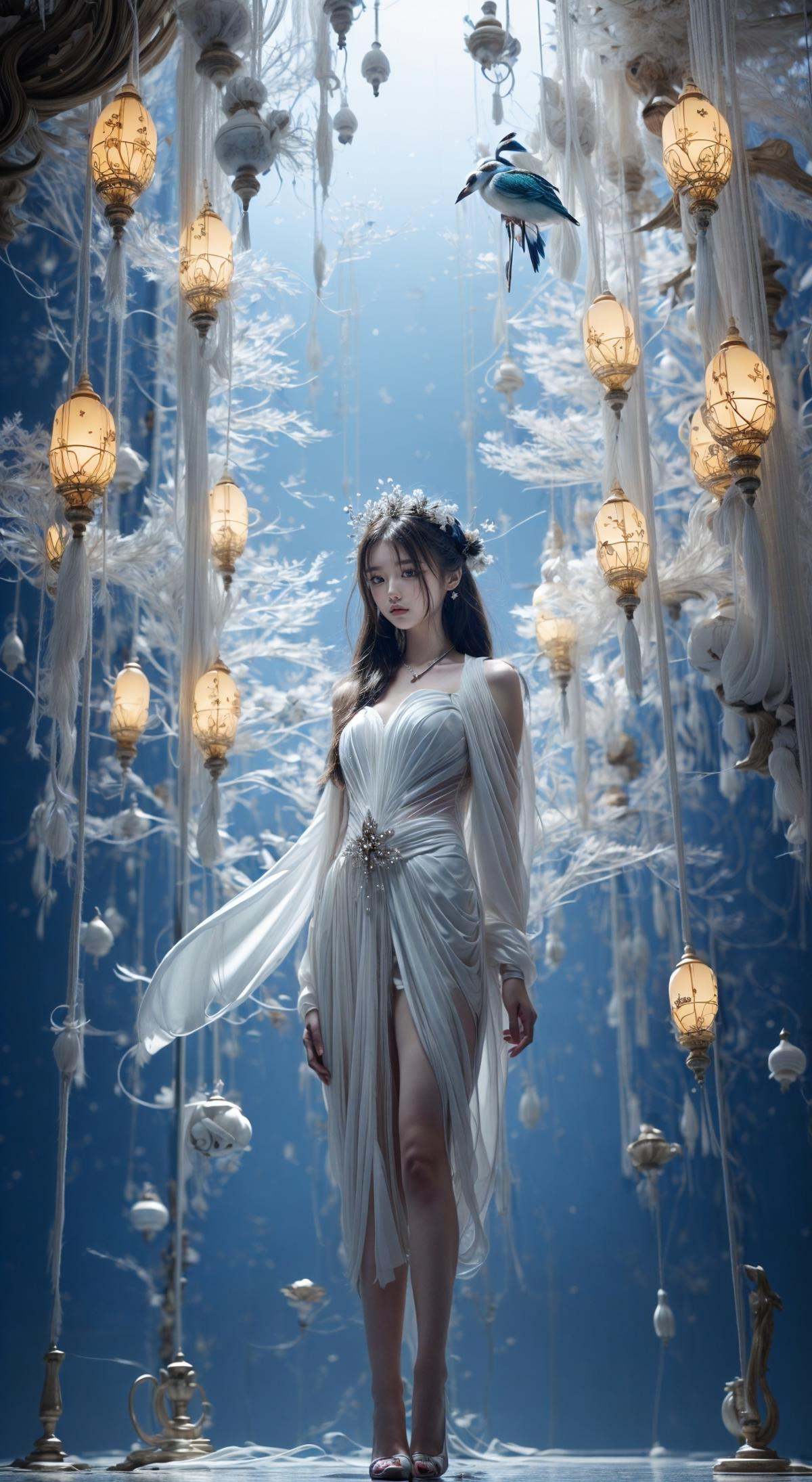 masterpiece,best quality,official art,extremelydetailed cg 8k wallpaper,Surrealism，A mature face，(realistic: 1.3) (mixed Korean),(Kpop idol), (Peacock:1.3)，(Black background, night, starry sky, shooting stars across the sky:1.5)，sit，Crossed legs, sitting on chair, crossed legs, (white hair:1.6),((only water)), Clear and turquoise sky, Water as smooth as a mirror, petal, There are clouds where water and sky connect, (Colorful clouds), depth of field, beautiful detailed sky,Cyan sky, beautiful detailed cloud, beautiful detailed water, reflection pool, dynamic angle, floating, finely detail, (bloom), (shine), glinting stars,  feather,nature,(sunlight), fairyland，(1girl, solo:1.5),(Eye contact:1.2)，(white hair:1.1)，( absurdly long hair:1.5), hair accessories, (full body:1.7), (Slim body:1.1)，(long legs:1.3),Blue and white Hanfu with flowing sleeves，necklace,Chinese style clothes,Chinese Han clothing,(flying petals),upper body,arms behind back,(detailed ice),crystalstexture skin,cold expression,white hair,long hair,messy hair,blue eye, looking at viewer, extremely delicate and beautiful,water,((beauty detailed eye)),highly detailed,cinematic lighting,((beautiful face)), fine water surface,(original figure painting),ultra-detailed,incredibly detailed,(an extremely delicate and beautiful), beautiful detailed eyes.Background: Chinese architecture flower and bird Tower beautiful lake，(best quality)   miniature   bonsai，A shot with tension，(Visual impact,giving the poster a dynamic and visually striking appearance:1.2),Chinese Zen style,impactful picture,  <lora:绪儿-奇幻背景:0.8>
