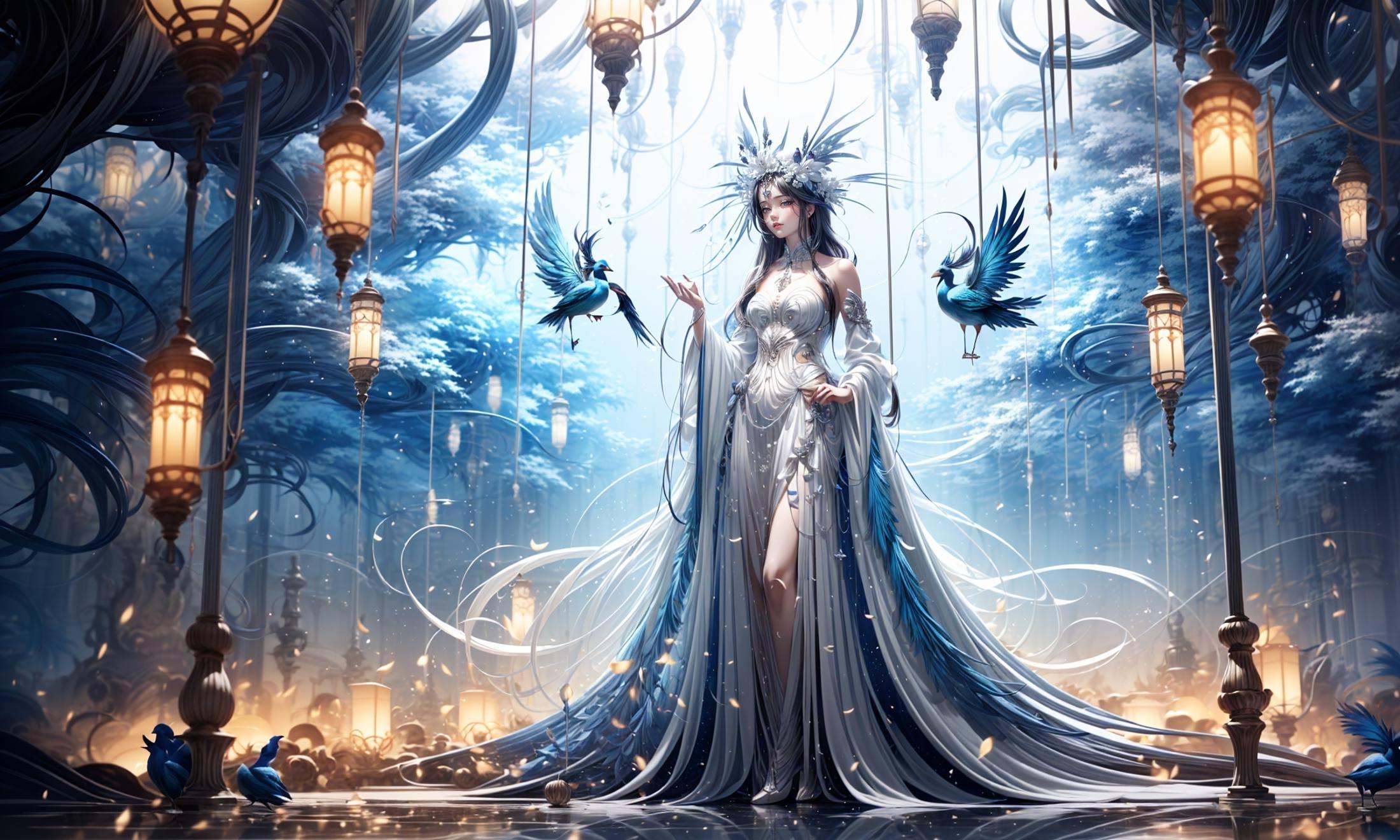 masterpiece,best quality,official art,extremelydetailed cg 8k wallpaper,Surrealism，A mature face，(realistic: 1.3) (mixed Korean),(Kpop idol), (Peacock:1.3)，(Black background, night, starry sky, shooting stars across the sky:1.5)，sit，Crossed legs, sitting on chair, crossed legs, ((only water)), Clear and turquoise sky, Water as smooth as a mirror, petal, There are clouds where water and sky connect, (Colorful clouds), depth of field, beautiful detailed sky,Cyan sky, beautiful detailed cloud, beautiful detailed water, reflection pool, dynamic angle, floating, finely detail, (bloom), (shine), glinting stars,  feather,nature,(sunlight), fairyland，(1girl, solo:1.5),(Eye contact:1.2)，(white hair:1.1)，( absurdly long hair:1.5), hair accessories, (full body:1.7), (Slim body:1.1)，(long legs:1.3),Blue and white Hanfu with flowing sleeves，necklace,Chinese style clothes,Chinese Han clothing,(flying petals),upper body,arms behind back,(detailed ice),crystalstexture skin,cold expression,white hair,long hair,messy hair,blue eye, looking at viewer, extremely delicate and beautiful,water,((beauty detailed eye)),highly detailed,cinematic lighting,((beautiful face)), fine water surface,(original figure painting),ultra-detailed,incredibly detailed,(an extremely delicate and beautiful), beautiful detailed eyes.Background: Chinese architecture flower and bird Tower beautiful lake，(best quality)   miniature   bonsai，A shot with tension，(Visual impact,giving the poster a dynamic and visually striking appearance:1.2),Chinese Zen style,impactful picture,  <lora:绪儿-奇幻背景:0.8>