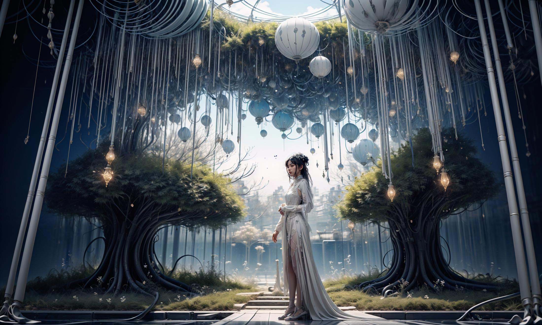masterpiece,best quality,official art,extremelydetailed cg 8k wallpaper,Surrealism，A mature face，(realistic: 1.3) (mixed Korean),(Kpop idol), (Peacock:1.3)，(Black background, night, starry sky, shooting stars across the sky:1.5)，sit，Crossed legs, sitting on chair, crossed legs, ((only water)), Clear and turquoise sky, Water as smooth as a mirror, petal, There are clouds where water and sky connect, (Colorful clouds), depth of field, beautiful detailed sky,Cyan sky, beautiful detailed cloud, beautiful detailed water, reflection pool, dynamic angle, floating, finely detail, (bloom), (shine), glinting stars,  feather,nature,(sunlight), fairyland，(1girl, solo:1.5),(Eye contact:1.2)，(white hair:1.1)，( absurdly long hair:1.5), hair accessories, (full body:1.7), (Slim body:1.1)，(long legs:1.3),Blue and white Hanfu with flowing sleeves，necklace,Chinese style clothes,Chinese Han clothing,(flying petals),upper body,arms behind back,(detailed ice),crystalstexture skin,cold expression,white hair,long hair,messy hair,blue eye, looking at viewer, extremely delicate and beautiful,water,((beauty detailed eye)),highly detailed,cinematic lighting,((beautiful face)), fine water surface,(original figure painting),ultra-detailed,incredibly detailed,(an extremely delicate and beautiful), beautiful detailed eyes.Background: Chinese architecture flower and bird Tower beautiful lake，(best quality)   miniature   bonsai，A shot with tension，(Visual impact,giving the poster a dynamic and visually striking appearance:1.2),Chinese Zen style,impactful picture,  <lora:绪儿-奇幻背景:0.8>