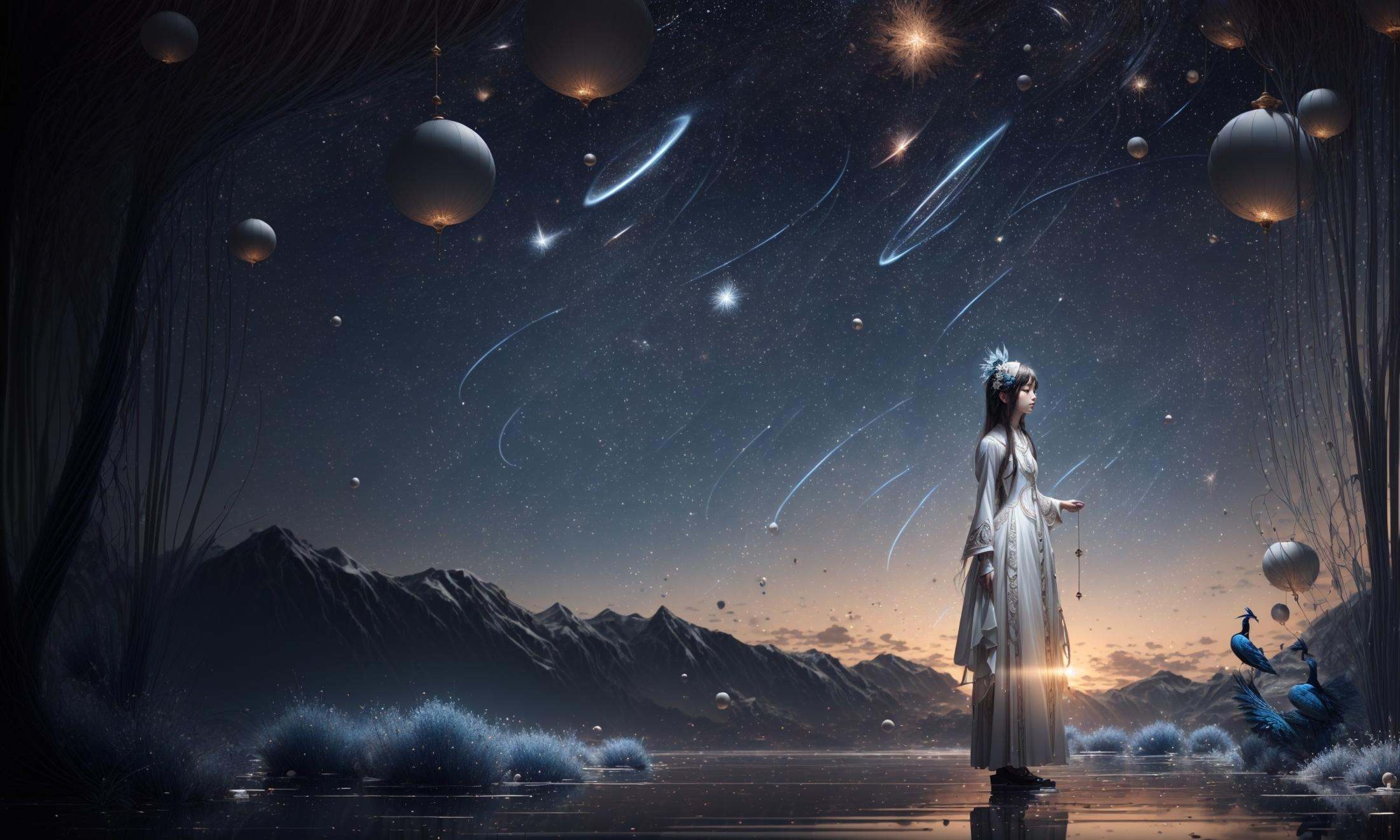 masterpiece,best quality,official art,extremelydetailed cg 8k wallpaper,Surrealism，A mature face，(realistic: 1.3) (mixed Korean),(Kpop idol), (Peacock:1.3)，(Black background, night, starry sky, shooting stars across the sky:1.5)，sit，Crossed legs, sitting on chair, crossed legs, ((only water)), Clear and turquoise sky, Water as smooth as a mirror, petal, There are clouds where water and sky connect, (Colorful clouds), depth of field, beautiful detailed sky,Cyan sky, beautiful detailed cloud, beautiful detailed water, reflection pool, dynamic angle, floating, finely detail, (bloom), (shine), glinting stars,  feather,nature,(sunlight), fairyland，(1girl, solo:1.5),(Eye contact:1.2)，(white hair:1.1)，( absurdly long hair:1.5), hair accessories, (full body:1.7), (Slim body:1.1)，(long legs:1.3),Blue and white Hanfu with flowing sleeves，necklace,Chinese style clothes,Chinese Han clothing,(flying petals),upper body,arms behind back,(detailed ice),crystalstexture skin,cold expression,white hair,long hair,messy hair,blue eye, looking at viewer, extremely delicate and beautiful,water,((beauty detailed eye)),highly detailed,cinematic lighting,((beautiful face)), fine water surface,(original figure painting),ultra-detailed,incredibly detailed,(an extremely delicate and beautiful), beautiful detailed eyes.Background: Chinese architecture flower and bird Tower beautiful lake，(best quality)   miniature   bonsai，A shot with tension，(Visual impact,giving the poster a dynamic and visually striking appearance:1.2),Chinese Zen style,impactful picture,  <lora:绪儿-奇幻背景:0.8>