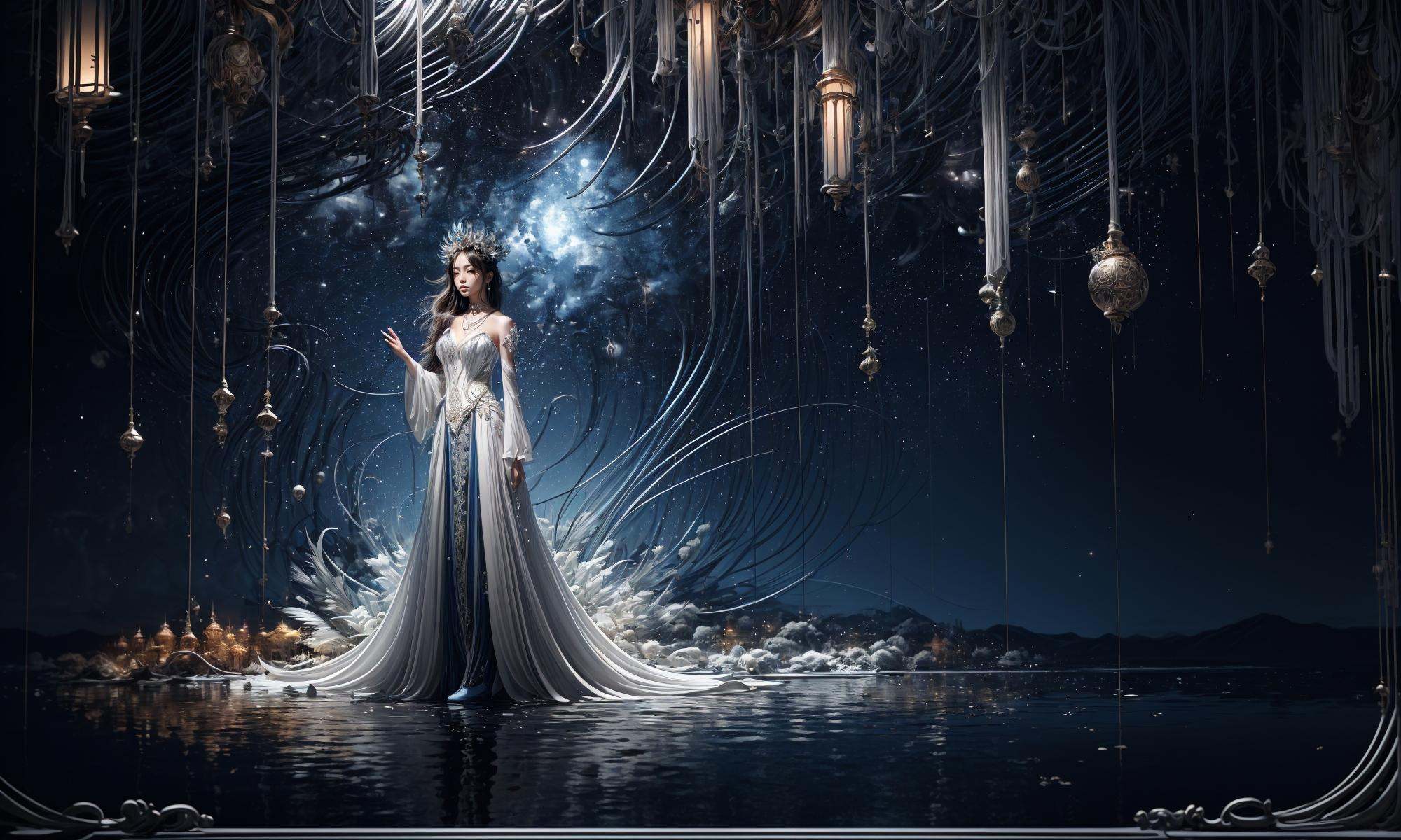 masterpiece,best quality,official art,extremelydetailed cg 8k wallpaper,Surrealism，A mature face，(realistic: 1.3) (mixed Korean),(Kpop idol), (Peacock:1.3)，(Black background, night, starry sky, shooting stars across the sky:1.5)，sit，Crossed legs, sitting on chair, crossed legs, ((only water)), Clear and turquoise sky, Water as smooth as a mirror, petal, There are clouds where water and sky connect, (Colorful clouds), depth of field, beautiful detailed sky,Cyan sky, beautiful detailed cloud, beautiful detailed water, reflection pool, dynamic angle, floating, finely detail, (bloom), (shine), glinting stars,  feather,nature,(sunlight), fairyland，(1girl, solo:1.5),(Eye contact:1.2)，(white hair:1.1)，( absurdly long hair:1.5), hair accessories, (full body:1.7), (Slim body:1.1)，(long legs:1.3),Blue and white Hanfu with flowing sleeves，necklace,Chinese style clothes,Chinese Han clothing,(flying petals),upper body,arms behind back,(detailed ice),crystalstexture skin,cold expression,white hair,long hair,messy hair,blue eye, looking at viewer, extremely delicate and beautiful,water,((beauty detailed eye)),highly detailed,cinematic lighting,((beautiful face)), fine water surface,(original figure painting),ultra-detailed,incredibly detailed,(an extremely delicate and beautiful), beautiful detailed eyes.Background: Chinese architecture flower and bird Tower beautiful lake，(best quality)   miniature   bonsai，A shot with tension，(Visual impact,giving the poster a dynamic and visually striking appearance:1.2),Chinese Zen style,impactful picture,  <lora:绪儿-奇幻背景:0.8>