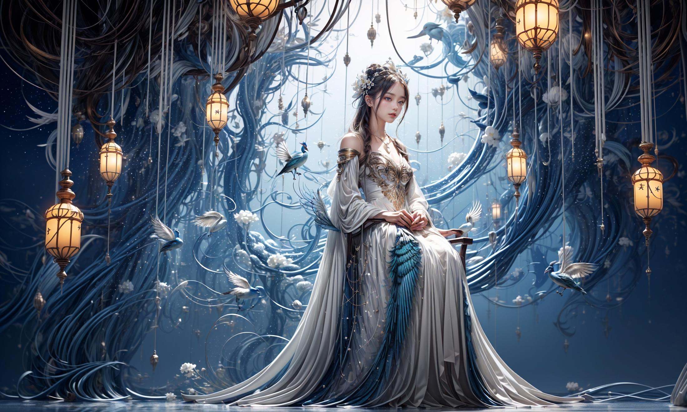 masterpiece,best quality,official art,extremelydetailed cg 8k wallpaper,Surrealism，A mature face，(realistic: 1.3) (mixed Korean),(Kpop idol), (Peacock:1.3)，(Black background, night, starry sky, shooting stars across the sky:1.5)，sit，Crossed legs, sitting on chair, crossed legs, ((only water)), Clear and turquoise sky, Water as smooth as a mirror, petal, There are clouds where water and sky connect, (Colorful clouds), depth of field, beautiful detailed sky,Cyan sky, beautiful detailed cloud, beautiful detailed water, reflection pool, dynamic angle, floating, finely detail, (bloom), (shine), glinting stars,  feather,nature,(sunlight), fairyland，(1girl, solo:1.5),(Eye contact:1.2)，(white hair:1.1)，( absurdly long hair:1.5), hair accessories, (full body:1.7), (Slim body:1.1)，(long legs:1.3),Blue and white Hanfu with flowing sleeves，necklace,Chinese style clothes,Chinese Han clothing,(flying petals),upper body,arms behind back,(detailed ice),crystalstexture skin,cold expression,white hair,long hair,messy hair,blue eye, looking at viewer, extremely delicate and beautiful,water,((beauty detailed eye)),highly detailed,cinematic lighting,((beautiful face)), fine water surface,(original figure painting),ultra-detailed,incredibly detailed,(an extremely delicate and beautiful), beautiful detailed eyes.Background: Chinese architecture flower and bird Tower beautiful lake，(best quality)   miniature   bonsai，A shot with tension，(Visual impact,giving the poster a dynamic and visually striking appearance:1.2),Chinese Zen style,impactful picture,  <lora:绪儿-奇幻背景:0.8>