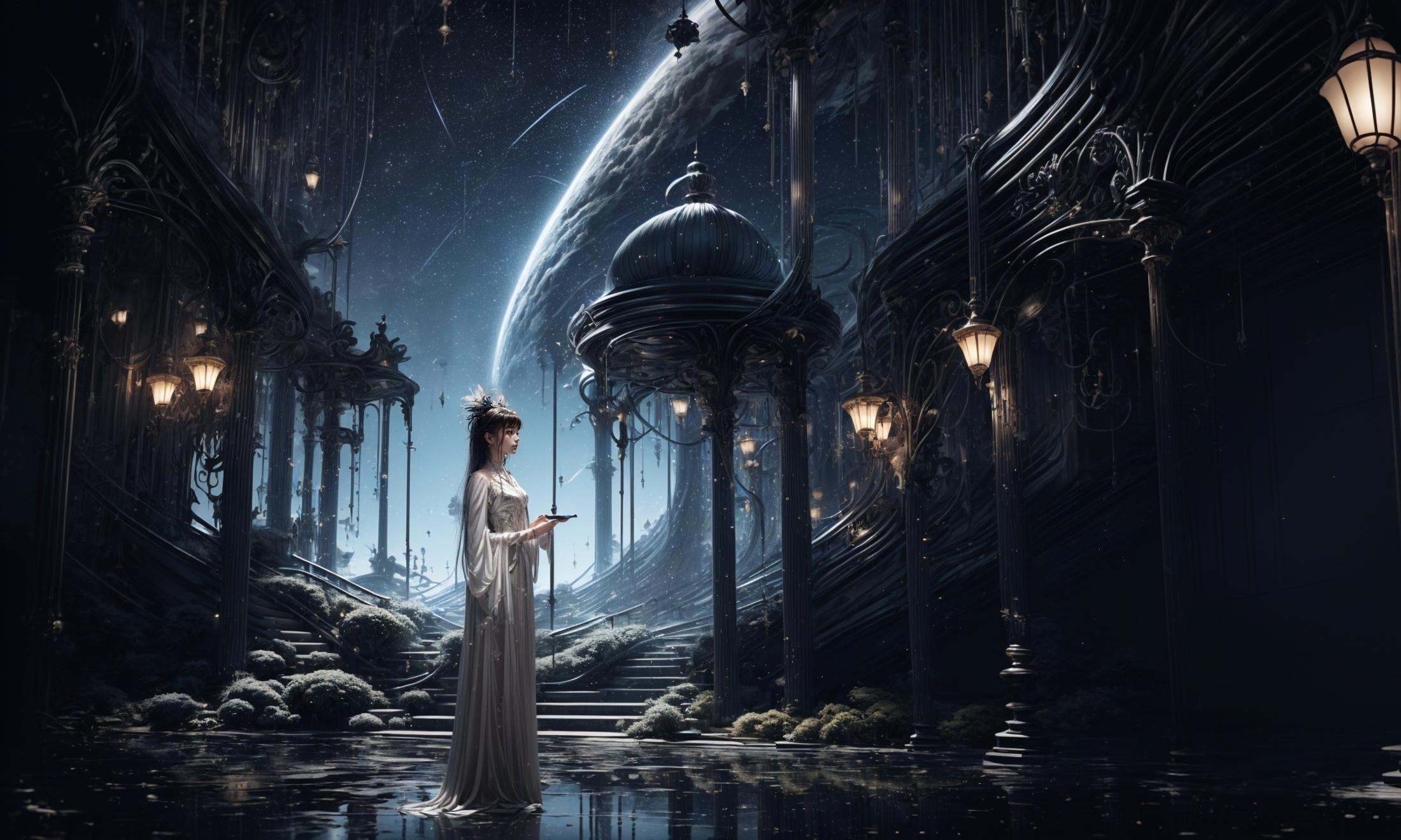 masterpiece,best quality,official art,extremelydetailed cg 8k wallpaper,Surrealism，A mature face，(realistic: 1.3) (mixed Korean),(Kpop idol), (Peacock:1.3)，(Black background, night, starry sky, shooting stars across the sky:1.5)，sit，Crossed legs, sitting on chair, crossed legs, ((only water)), Clear and turquoise sky, Water as smooth as a mirror, petal, There are clouds where water and sky connect, (Colorful clouds), depth of field, beautiful detailed sky,Cyan sky, beautiful detailed cloud, beautiful detailed water, reflection pool, dynamic angle, floating, finely detail, (bloom), (shine), glinting stars,  feather,nature,(sunlight), fairyland，(1girl, solo:1.5),(Eye contact:1.2)，(white hair:1.1)，( absurdly long hair:1.5), hair accessories, (full body:1.7), (Slim body:1.1)，(long legs:1.3),Blue and white Hanfu with flowing sleeves，necklace,Chinese style clothes,Chinese Han clothing,(flying petals),upper body,arms behind back,(detailed ice),crystalstexture skin,cold expression,white hair,long hair,messy hair,blue eye, looking at viewer, extremely delicate and beautiful,water,((beauty detailed eye)),highly detailed,cinematic lighting,((beautiful face)), fine water surface,(original figure painting),ultra-detailed,incredibly detailed,(an extremely delicate and beautiful), beautiful detailed eyes.Background: Chinese architecture flower and bird Tower beautiful lake，(best quality)   miniature   bonsai，A shot with tension，(Visual impact,giving the poster a dynamic and visually striking appearance:1.2),Chinese Zen style,impactful picture,  <lora:绪儿-奇幻背景:0.8>