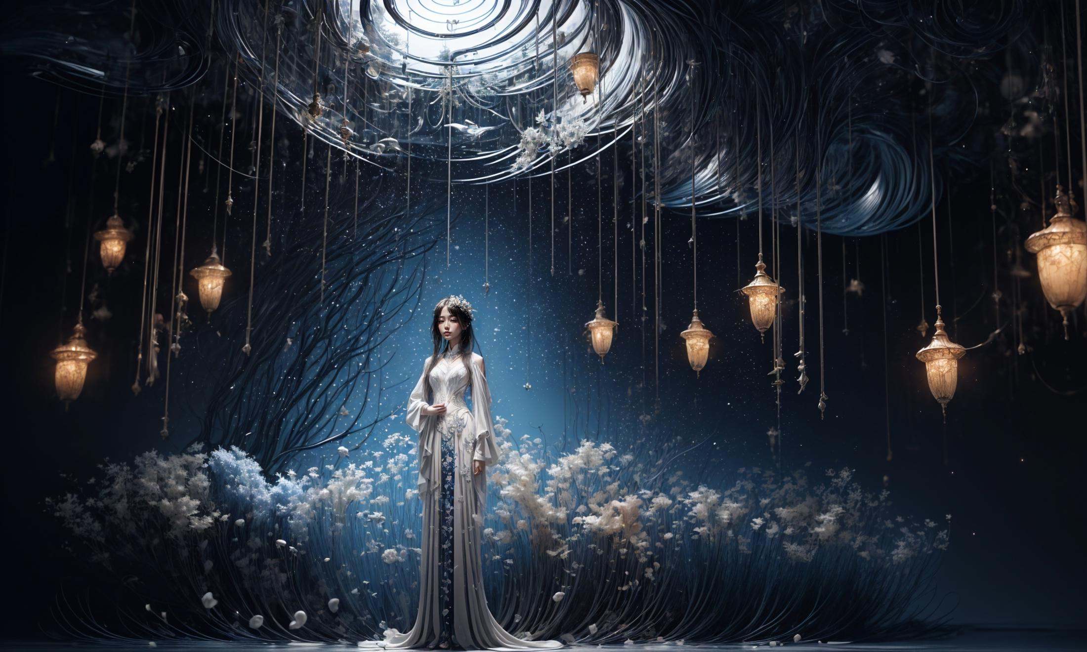 masterpiece,best quality,official art,extremelydetailed cg 8k wallpaper,Surrealism，A mature face，(realistic: 1.3) (mixed Korean),(Kpop idol), (Peacock:1.3)，(Black background, night, starry sky, shooting stars across the sky:1.5)，sit，Crossed legs, sitting on chair, crossed legs, ((only water)), Clear and turquoise sky, Water as smooth as a mirror, petal, There are clouds where water and sky connect, (Colorful clouds), depth of field, beautiful detailed sky,Cyan sky, beautiful detailed cloud, beautiful detailed water, reflection pool, dynamic angle, floating, finely detail, (bloom), (shine), glinting stars,  feather,nature,(sunlight), fairyland，(1girl, solo:1.5),(Eye contact:1.2)，(white hair:1.1)，( absurdly long hair:1.5), hair accessories, (full body:1.7), (Slim body:1.1)，(long legs:1.3),Blue and white Hanfu with flowing sleeves，necklace,Chinese style clothes,Chinese Han clothing,(flying petals),upper body,arms behind back,(detailed ice),crystalstexture skin,cold expression,white hair,long hair,messy hair,blue eye, looking at viewer, extremely delicate and beautiful,water,((beauty detailed eye)),highly detailed,cinematic lighting,((beautiful face)), fine water surface,(original figure painting),ultra-detailed,incredibly detailed,(an extremely delicate and beautiful), beautiful detailed eyes.Background: Chinese architecture flower and bird Tower beautiful lake，(best quality)   miniature   bonsai，A shot with tension，(Visual impact,giving the poster a dynamic and visually striking appearance:1.2),Chinese Zen style,impactful picture,  <lora:绪儿-奇幻背景:0.8>