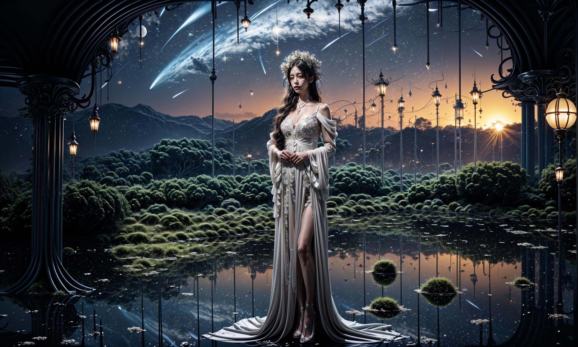 masterpiece,best quality,official art,extremelydetailed cg 8k wallpaper,Surrealism，A mature face，(realistic: 1.3) (mixed Korean),(Kpop idol), (Peacock:1.3)，(Black background, night, starry sky, shooting stars across the sky:1.5)，sit，Crossed legs, sitting on chair, crossed legs, ((only water)), Clear and turquoise sky, Water as smooth as a mirror, petal, There are clouds where water and sky connect, (Colorful clouds), depth of field, beautiful detailed sky,Cyan sky, beautiful detailed cloud, beautiful detailed water, reflection pool, dynamic angle, floating, finely detail, (bloom), (shine), glinting stars,  feather,nature,(sunlight), fairyland，(1girl, solo:1.5),(Eye contact:1.2)，(white hair:1.1)，( absurdly long hair:1.5), hair accessories, (full body:1.7), (Slim body:1.1)，(long legs:1.3),Blue and white Hanfu with flowing sleeves，necklace,Chinese style clothes,Chinese Han clothing,(flying petals),upper body,arms behind back,(detailed ice),crystalstexture skin,cold expression,white hair,long hair,messy hair,blue eye, looking at viewer, extremely delicate and beautiful,water,((beauty detailed eye)),highly detailed,cinematic lighting,((beautiful face)), fine water surface,(original figure painting),ultra-detailed,incredibly detailed,(an extremely delicate and beautiful), beautiful detailed eyes.Background: Chinese architecture flower and bird Tower beautiful lake，(best quality)   miniature   bonsai，A shot with tension，(Visual impact,giving the poster a dynamic and visually striking appearance:1.2),Chinese Zen style,impactful picture,  <lora:绪儿-奇幻背景:0.8>