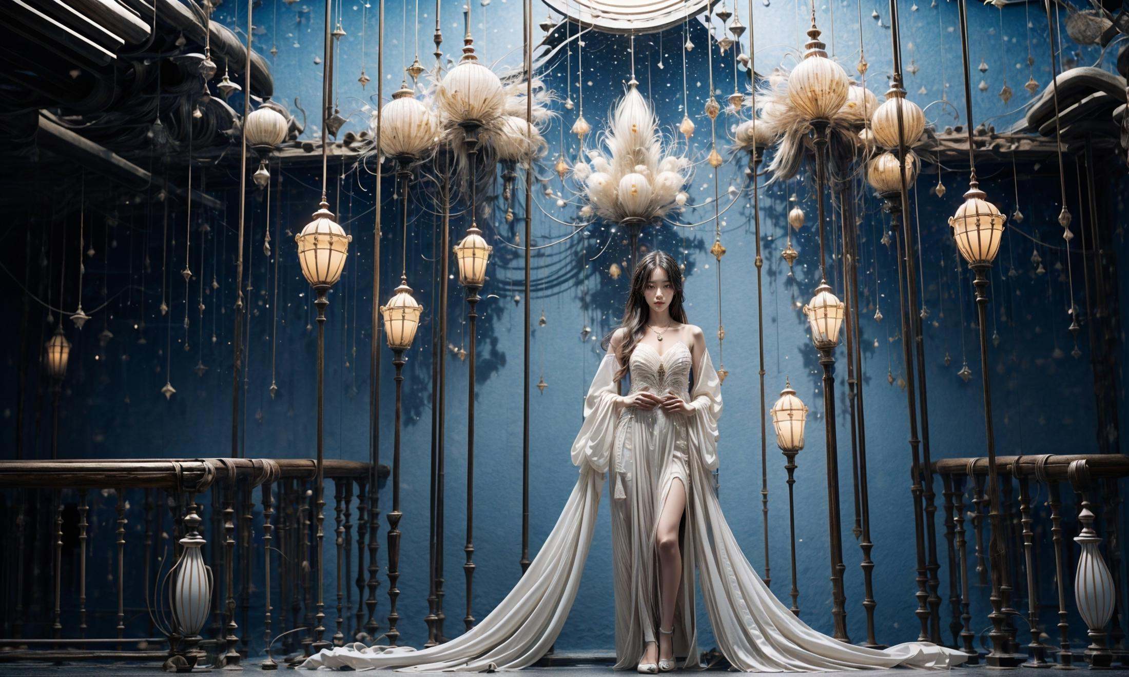 masterpiece,best quality,official art,extremelydetailed cg 8k wallpaper,Surrealism，A mature face，(realistic: 1.3) (mixed Korean),(Kpop idol), (Peacock:1.3)，(Black background, night, starry sky, shooting stars across the sky:1.5)，sit，Crossed legs, sitting on chair, crossed legs, ((only water)), Clear and turquoise sky, Water as smooth as a mirror, petal, There are clouds where water and sky connect, (Colorful clouds), depth of field, beautiful detailed sky,Cyan sky, beautiful detailed cloud, beautiful detailed water, reflection pool, dynamic angle, floating, finely detail, (bloom), (shine), glinting stars,  feather,nature,(sunlight), fairyland，(1girl, solo:1.5),(Eye contact:1.2)，(white hair:1.1)，( absurdly long hair:1.5), hair accessories, (full body:1.7), (Slim body:1.1)，(long legs:1.3),Blue and white Hanfu with flowing sleeves，necklace,Chinese style clothes,Chinese Han clothing,(flying petals),upper body,arms behind back,(detailed ice),crystalstexture skin,cold expression,white hair,long hair,messy hair,blue eye, looking at viewer, extremely delicate and beautiful,water,((beauty detailed eye)),highly detailed,cinematic lighting,((beautiful face)), fine water surface,(original figure painting),ultra-detailed,incredibly detailed,(an extremely delicate and beautiful), beautiful detailed eyes.Background: Chinese architecture flower and bird Tower beautiful lake，(best quality)   miniature   bonsai，A shot with tension，(Visual impact,giving the poster a dynamic and visually striking appearance:1.2),Chinese Zen style,impactful picture,  <lora:绪儿-奇幻背景:0.8>