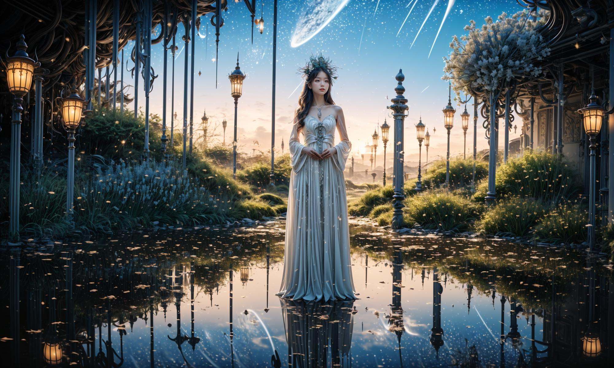 masterpiece,best quality,official art,extremelydetailed cg 8k wallpaper,Surrealism，A mature face，(realistic: 1.3) (mixed Korean),(Kpop idol), (Peacock:1.3)，(Black background, night, starry sky, shooting stars across the sky:1.5)，sit，Crossed legs, sitting on chair, crossed legs, ((only water)), Clear and turquoise sky, Water as smooth as a mirror, petal, There are clouds where water and sky connect, (Colorful clouds), depth of field, beautiful detailed sky,Cyan sky, beautiful detailed cloud, beautiful detailed water, reflection pool, dynamic angle, floating, finely detail, (bloom), (shine), glinting stars,  feather,nature,(sunlight), fairyland，(1girl, solo:1.5),(Eye contact:1.2)，(white hair:1.1)，( absurdly long hair:1.5), hair accessories, (full body:1.7), (Slim body:1.1)，(long legs:1.3),Blue and white Hanfu with flowing sleeves，necklace,Chinese style clothes,Chinese Han clothing,(flying petals),upper body,arms behind back,(detailed ice),crystalstexture skin,cold expression,white hair,long hair,messy hair,blue eye, looking at viewer, extremely delicate and beautiful,water,((beauty detailed eye)),highly detailed,cinematic lighting,((beautiful face)), fine water surface,(original figure painting),ultra-detailed,incredibly detailed,(an extremely delicate and beautiful), beautiful detailed eyes.Background: Chinese architecture flower and bird Tower beautiful lake，(best quality)   miniature   bonsai，A shot with tension，(Visual impact,giving the poster a dynamic and visually striking appearance:1.2),Chinese Zen style,impactful picture,  <lora:绪儿-奇幻背景:0.8>