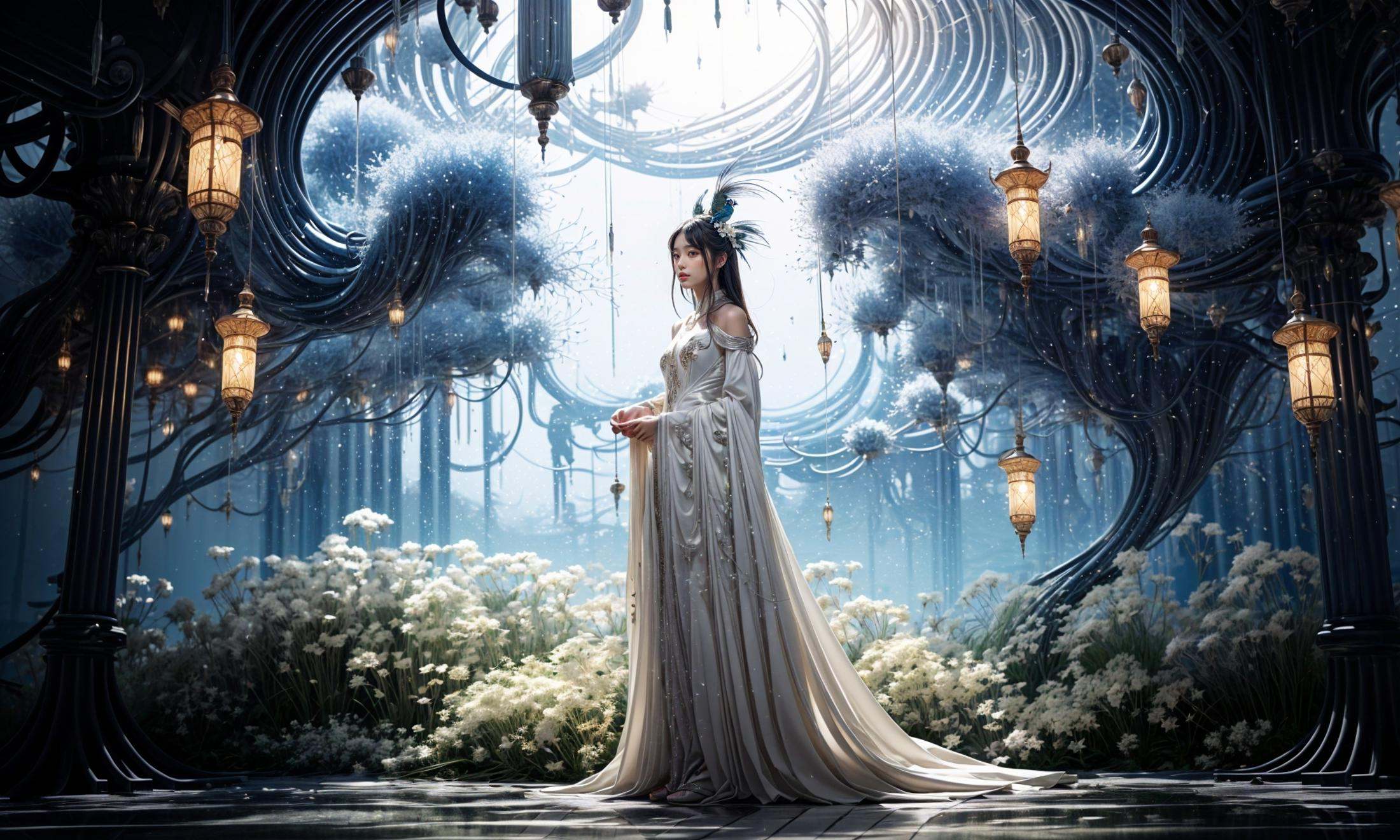 masterpiece,best quality,official art,extremelydetailed cg 8k wallpaper,Surrealism，A mature face，(realistic: 1.3) (mixed Korean),(Kpop idol), (Peacock:1.3)，(Black background, night, starry sky, shooting stars across the sky:1.5)，sit，Crossed legs, sitting on chair, crossed legs,( Milky skin:1.6),((only water)), Clear and turquoise sky, Water as smooth as a mirror, petal, There are clouds where water and sky connect, (Colorful clouds), depth of field, beautiful detailed sky,Cyan sky, beautiful detailed cloud, beautiful detailed water, reflection pool, dynamic angle, floating, finely detail, (bloom), (shine), glinting stars,  feather,nature,(sunlight), fairyland，(1girl, solo:1.5),(Eye contact:1.2)，(white hair:1.1)，( absurdly long hair:1.5), hair accessories, (full body:1.7), (Slim body:1.1)，(long legs:1.3),Blue and white Hanfu with flowing sleeves，necklace,Chinese style clothes,Chinese Han clothing,(flying petals),upper body,arms behind back,(detailed ice),crystalstexture skin,cold expression,white hair,long hair,messy hair,blue eye, looking at viewer, extremely delicate and beautiful,water,((beauty detailed eye)),highly detailed,cinematic lighting,((beautiful face)), fine water surface,(original figure painting),ultra-detailed,incredibly detailed,(an extremely delicate and beautiful), beautiful detailed eyes.Background: Chinese architecture flower and bird Tower beautiful lake，(best quality)   miniature   bonsai，A shot with tension，(Visual impact,giving the poster a dynamic and visually striking appearance:1.2),Chinese Zen style,impactful picture,  <lora:绪儿-奇幻背景:0.8>