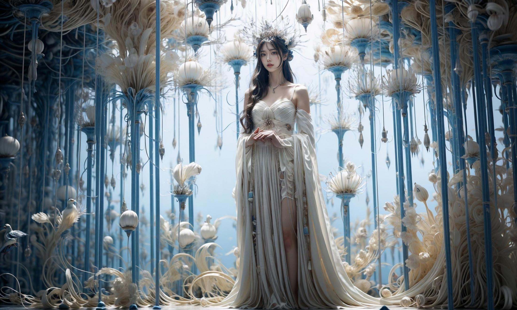 masterpiece,best quality,official art,extremelydetailed cg 8k wallpaper,Surrealism，A mature face，(realistic: 1.3) (mixed Korean),(Kpop idol), (Peacock:1.3)，(Black background, night, starry sky, shooting stars across the sky:1.5)，sit，Crossed legs, sitting on chair, crossed legs, (white hair:1.6),((only water)), Clear and turquoise sky, Water as smooth as a mirror, petal, There are clouds where water and sky connect, (Colorful clouds), depth of field, beautiful detailed sky,Cyan sky, beautiful detailed cloud, beautiful detailed water, reflection pool, dynamic angle, floating, finely detail, (bloom), (shine), glinting stars,  feather,nature,(sunlight), fairyland，(1girl, solo:1.5),(Eye contact:1.2)，(white hair:1.1)，( absurdly long hair:1.5), hair accessories, (full body:1.7), (Slim body:1.1)，(long legs:1.3),Blue and white Hanfu with flowing sleeves，necklace,Chinese style clothes,Chinese Han clothing,(flying petals),upper body,arms behind back,(detailed ice),crystalstexture skin,cold expression,white hair,long hair,messy hair,blue eye, looking at viewer, extremely delicate and beautiful,water,((beauty detailed eye)),highly detailed,cinematic lighting,((beautiful face)), fine water surface,(original figure painting),ultra-detailed,incredibly detailed,(an extremely delicate and beautiful), beautiful detailed eyes.Background: Chinese architecture flower and bird Tower beautiful lake，(best quality)   miniature   bonsai，A shot with tension，(Visual impact,giving the poster a dynamic and visually striking appearance:1.2),Chinese Zen style,impactful picture,  <lora:绪儿-奇幻背景:0.8>