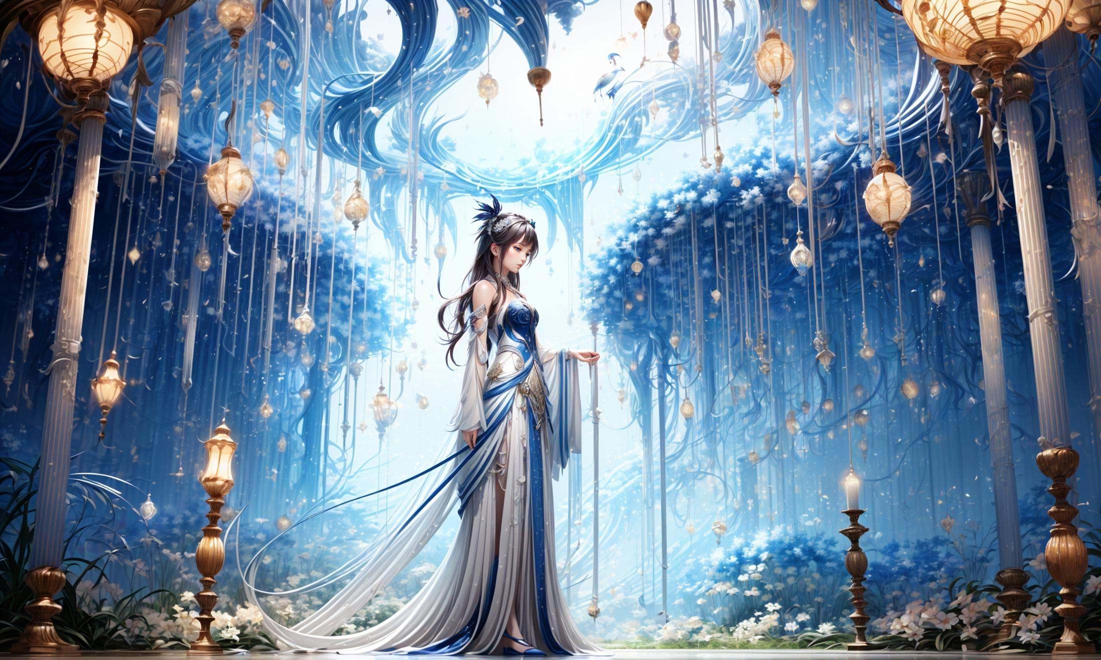 masterpiece,best quality,official art,extremelydetailed cg 8k wallpaper,Surrealism，A mature face，(realistic: 1.3) (mixed Korean),(Kpop idol), (Peacock:1.3)，(Black background, night, starry sky, shooting stars across the sky:1.5)，sit，Crossed legs, sitting on chair, crossed legs, ((only water)), Clear and turquoise sky, Water as smooth as a mirror, petal, There are clouds where water and sky connect, (Colorful clouds), depth of field, beautiful detailed sky,Cyan sky, beautiful detailed cloud, beautiful detailed water, reflection pool, dynamic angle, floating, finely detail, (bloom), (shine), glinting stars,  feather,nature,(sunlight), fairyland，(1girl, solo:1.5),(Eye contact:1.2)，(white hair:1.1)，( absurdly long hair:1.5), hair accessories, (full body:1.7), (Slim body:1.1)，(long legs:1.3),Blue and white Hanfu with flowing sleeves，necklace,Chinese style clothes,Chinese Han clothing,(flying petals),upper body,arms behind back,(detailed ice),crystalstexture skin,cold expression,white hair,long hair,messy hair,blue eye, looking at viewer, extremely delicate and beautiful,water,((beauty detailed eye)),highly detailed,cinematic lighting,((beautiful face)), fine water surface,(original figure painting),ultra-detailed,incredibly detailed,(an extremely delicate and beautiful), beautiful detailed eyes.Background: Chinese architecture flower and bird Tower beautiful lake，(best quality)   miniature   bonsai，A shot with tension，(Visual impact,giving the poster a dynamic and visually striking appearance:1.2),Chinese Zen style,impactful picture,  <lora:绪儿-奇幻背景:0.8>