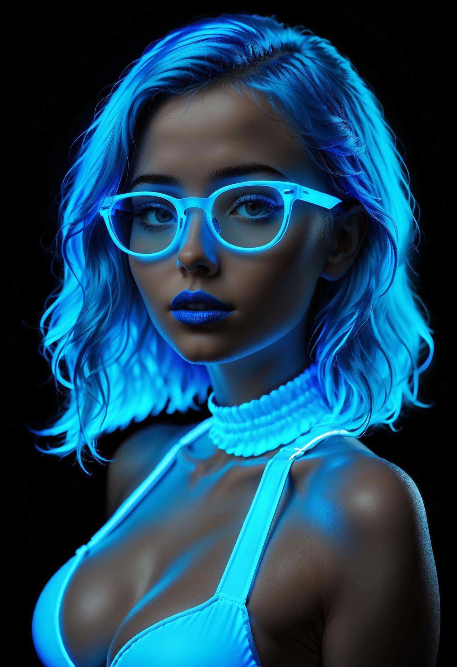 (glowing neon blue hair),  glowing neon blue glasses,  glowing neon blue dress on Tensor.Art