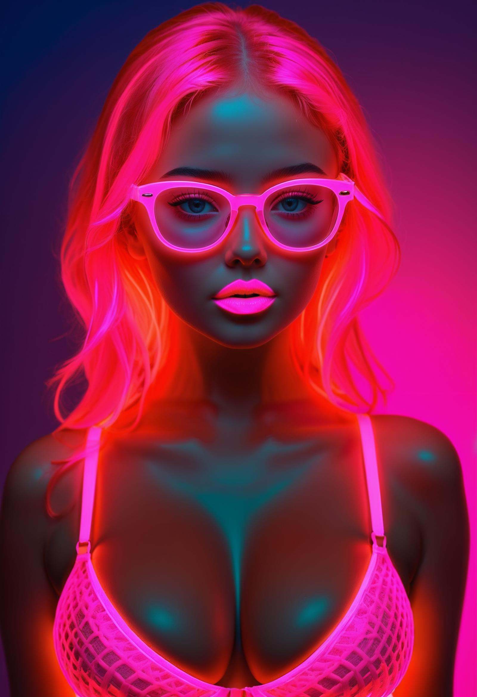 (glowing neon pink hair),  glowing neon pink glasses,  glowing neon pink fishnets on Tensor.Art