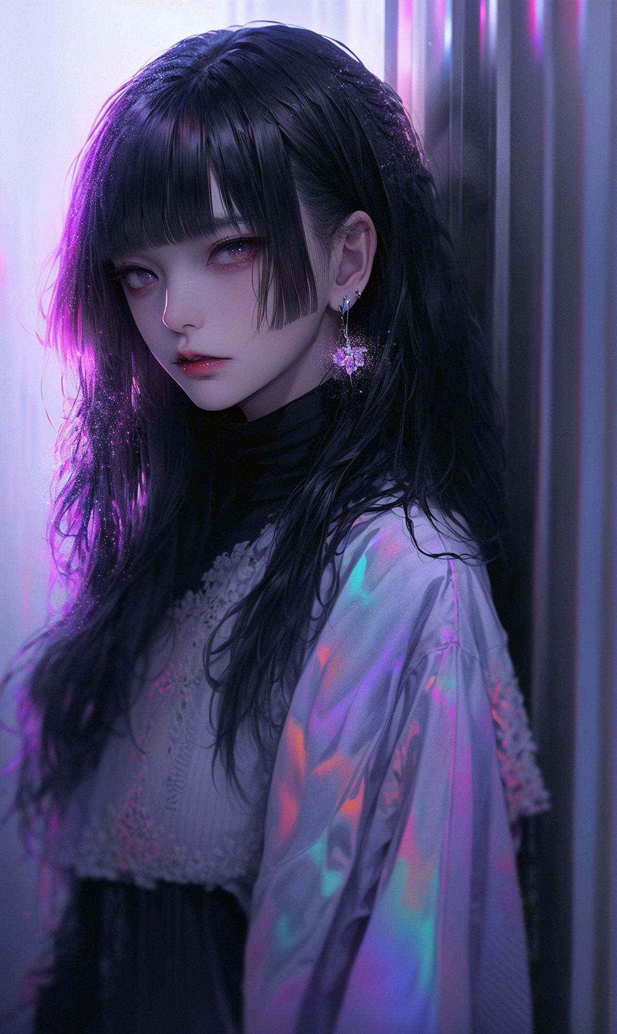masterpiece, best quality, 32k, insane details, intricate details,1girl, fashion photography, in style of angura kei，hime - cut, straight hair，in a minimalist Misasakan room，high-wistskirt，cllaredshirt，(short hair:1.4)，striped，blunt bangs，(Mole under eye:1.0),hand in pocket，flower，earrings,<lora:hime cut_20230820175457:0.8>