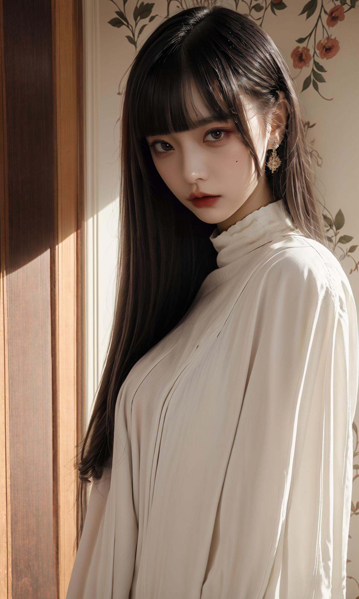 masterpiece, best quality, 8k, insane details, intricate details,1girl, fashion photography, in style of angura kei，hime - cut, straight hair，in a minimalist Misasakan room，red sweater，A mature face，sideways glance, (cold attitude,eyeshadow,eyeliner:1.1),(red lips:1.5), (Mole under eye:1.3),<lora:绪儿-公主切hime cut:0.8>