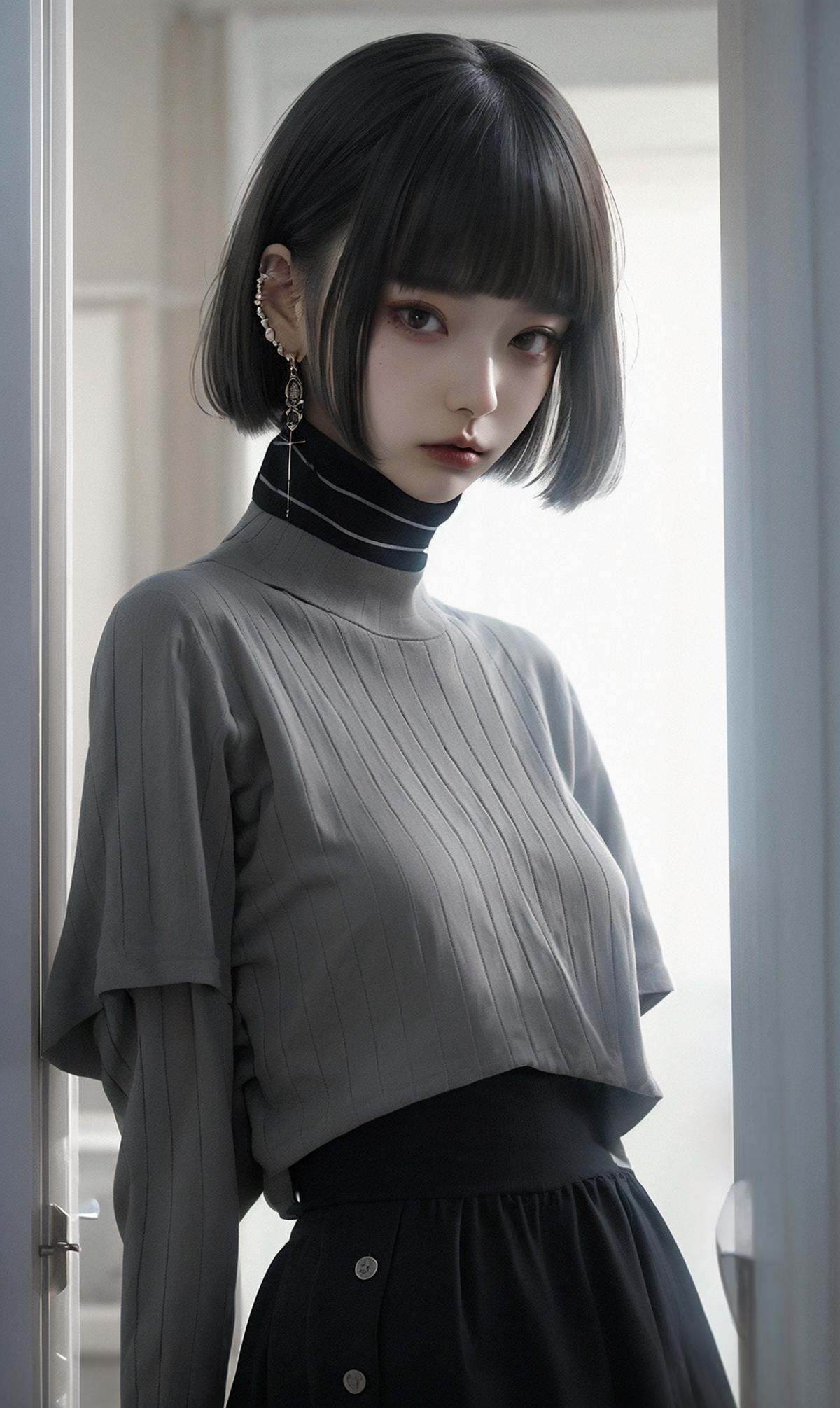 masterpiece, best quality, 32k, insane details, intricate details,1girl, fashion photography, in style of angura kei，hime - cut, straight hair，in a minimalist Misasakan room，high-wistskirt，cllaredshirt，(short hair:1.4)，striped，blunt bangs，(Mole under eye:1.0),hand in pocket，flower，<lora:hime cut_20230820175457:0.8>