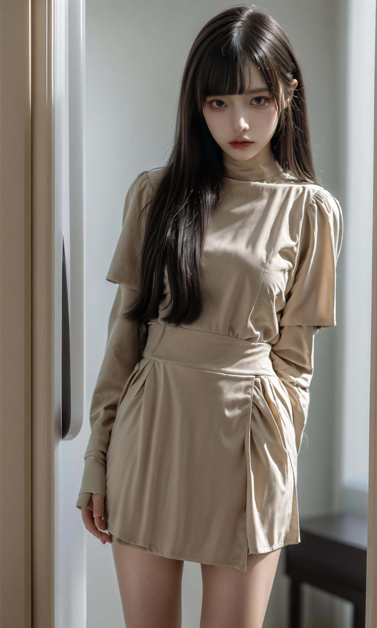 masterpiece, best quality, 32k, insane details, intricate details,1girl, fashion photography, in style of angura kei，hime - cut, straight hair，in a minimalist Misasakan room，high-wistskirt，cllaredshirt，short hair，striped，blunt bangs，sideways glance, (cold attitude,eyeshadow,eyeliner:1.1),(red lips:1.5), (Mole under eye:1.0),hand in pocket，flower，<lora:绪儿-公主切hime cut:0.8>