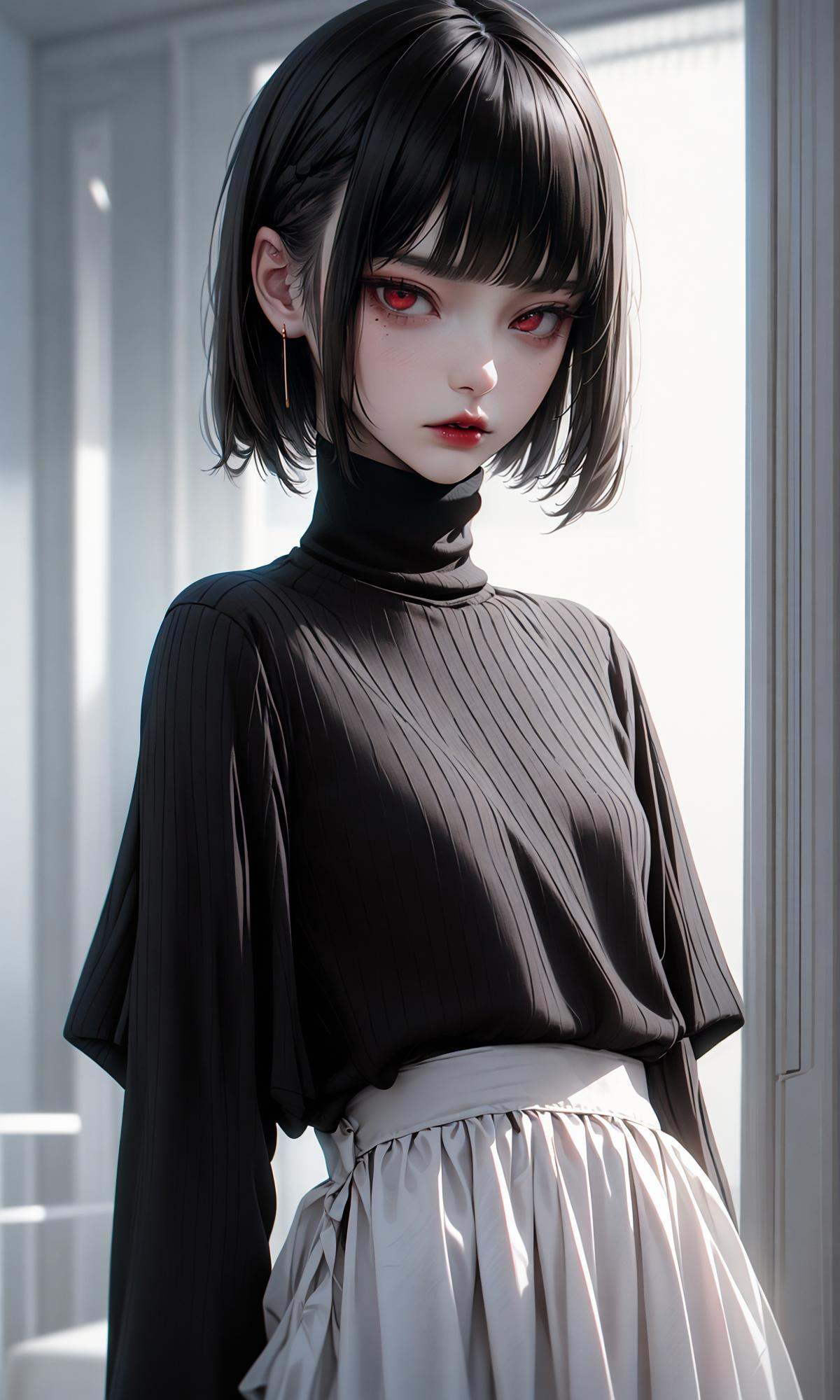 masterpiece, best quality, 32k, insane details, intricate details,1girl, fashion photography, in style of angura kei，hime - cut, straight hair，in a minimalist Misasakan room，high-wistskirt，cllaredshirt，(short hair:1.4)，striped，blunt bangs，sideways glance, (cold attitude,eyeshadow,eyeliner:1.1),(red lips:1.5), (Mole under eye:1.0),hand in pocket，flower，<lora:绪儿-公主切hime cut:0.8>
