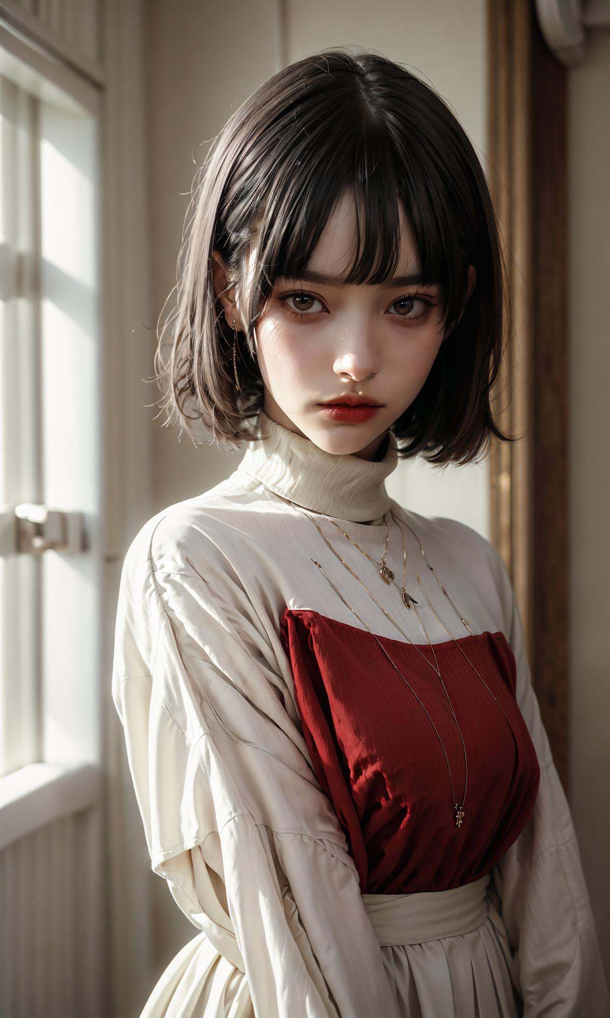 masterpiece, best quality, 32k, insane details, intricate details,1girl, fashion photography, in style of angura kei，hime - cut, straight hair，in a minimalist Misasakan room，high-wistskirt，cllaredshirt，(short hair:1.4)，striped，blunt bangs，sideways glance, (cold attitude,eyeshadow,eyeliner:1.1),(red lips:1.5), (Mole under eye:1.0),hand in pocket，flower，<lora:绪儿-公主切hime cut:0.8>