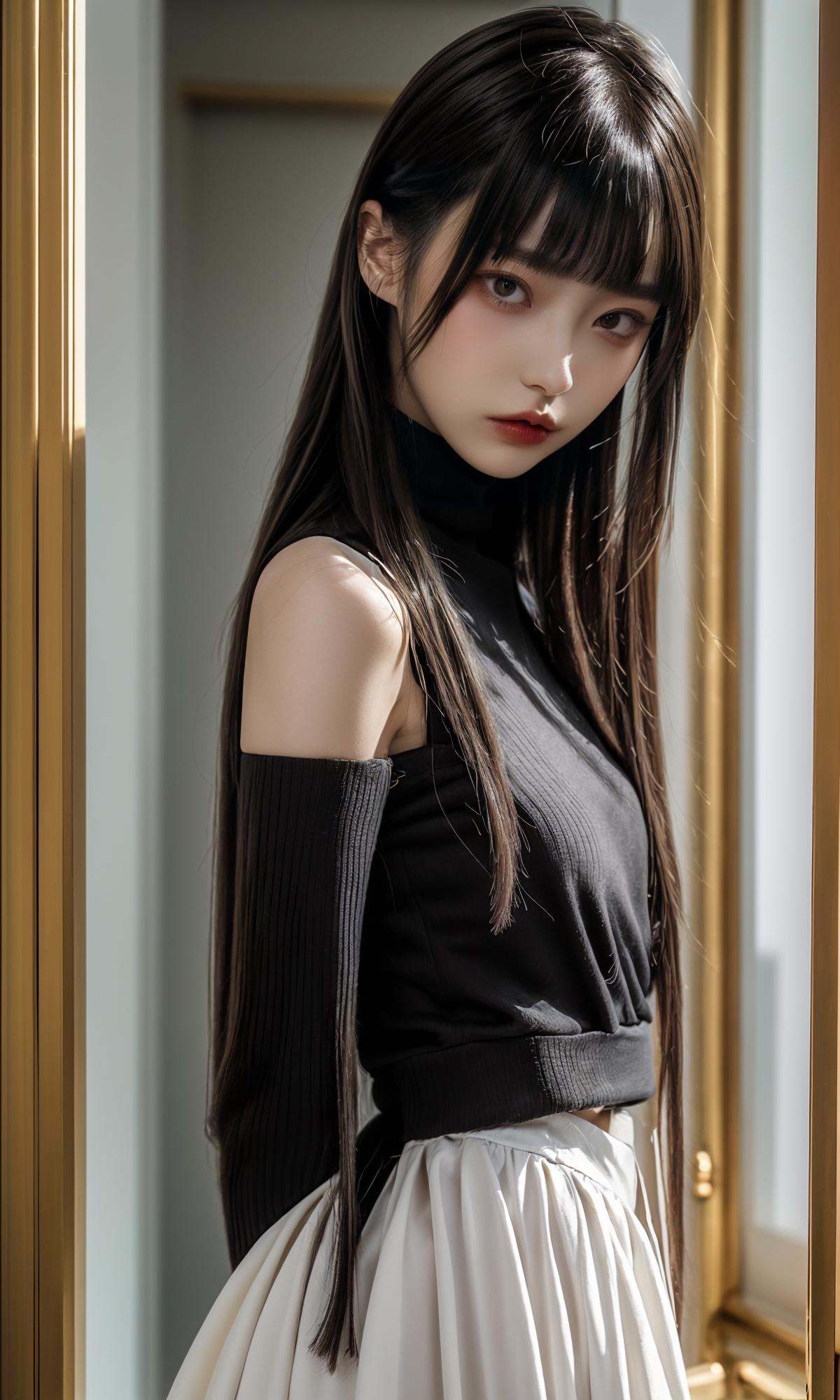 masterpiece, best quality, 32k, insane details, intricate details,1girl, fashion photography, in style of angura kei，hime - cut, straight hair，in a minimalist Misasakan room，high-wistskirt，cllaredshirt，short hair，striped，blunt bangs，A mature face，sideways glance, (cold attitude,eyeshadow,eyeliner:1.1),(red lips:1.5), (Mole under eye:1.0),hand in pocket，flower，<lora:绪儿-公主切hime cut:0.8>