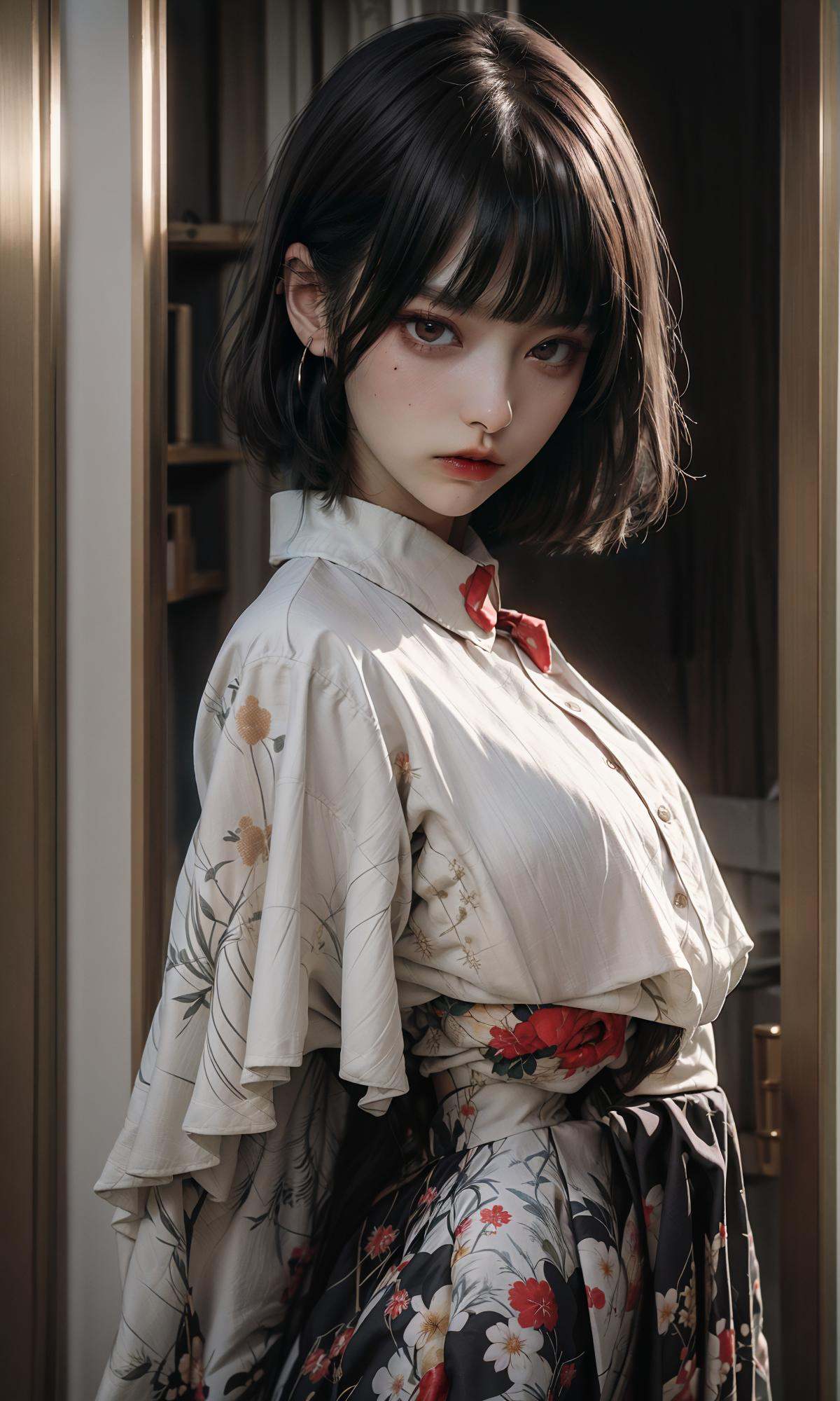 masterpiece, best quality, 32k, insane details, intricate details,1girl, fashion photography, in style of angura kei，hime - cut, straight hair，in a minimalist Misasakan room，high-wistskirt，cllaredshirt，(short hair:1.4)，striped，blunt bangs，sideways glance, (cold attitude,eyeshadow,eyeliner:1.1),(red lips:1.5), (Mole under eye:1.0),hand in pocket，flower，<lora:绪儿-公主切hime cut:0.8>