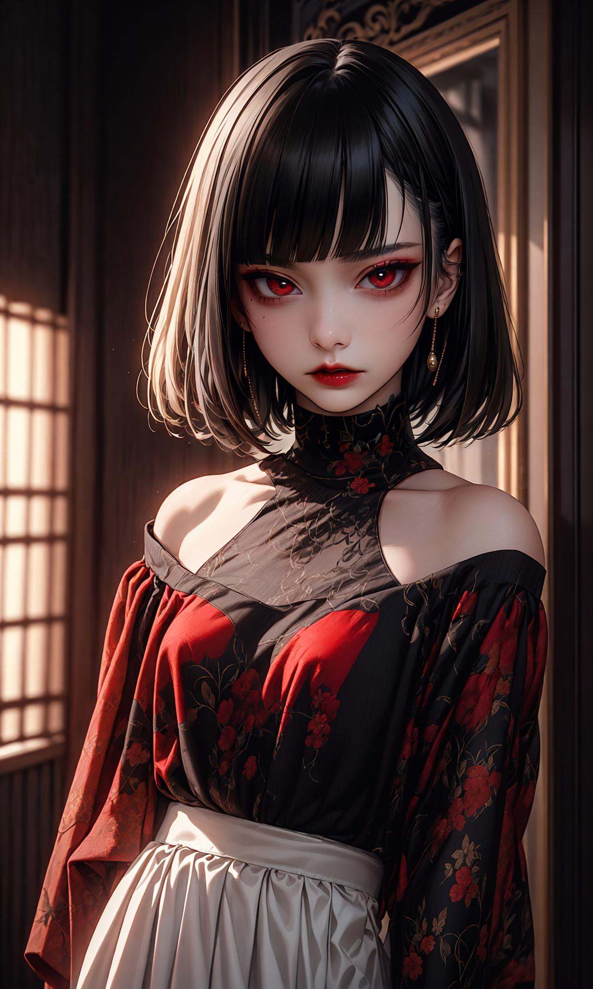 masterpiece, best quality, 32k, insane details, intricate details,1girl, fashion photography, in style of angura kei，hime - cut, straight hair，in a minimalist Misasakan room，high-wistskirt，cllaredshirt，(short hair:1.4)，striped，blunt bangs，sideways glance, (cold attitude,eyeshadow,eyeliner:1.1),(red lips:1.5), (Mole under eye:1.0),hand in pocket，flower，<lora:绪儿-公主切hime cut:0.8>