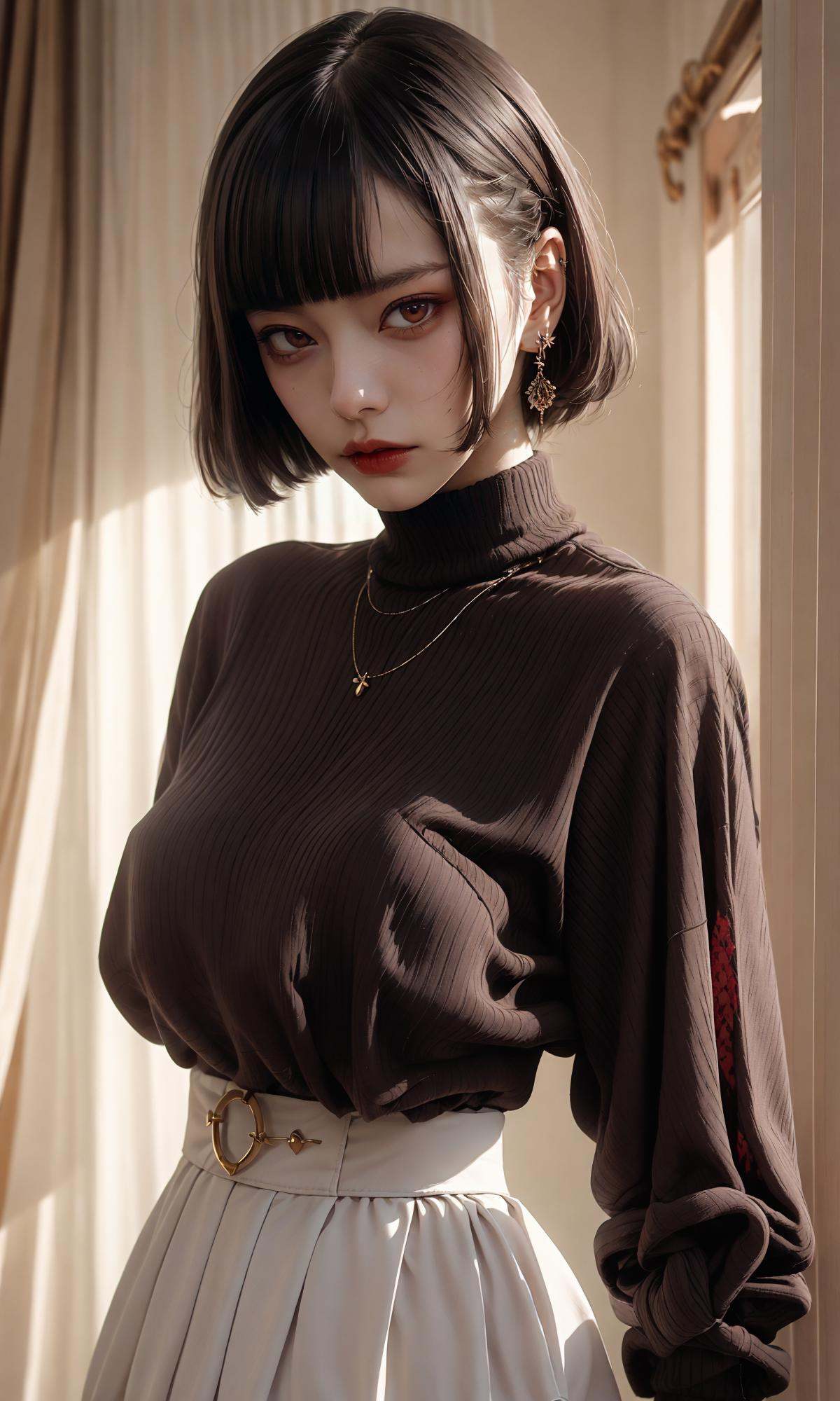 masterpiece, best quality, 32k, insane details, intricate details,1girl, fashion photography, in style of angura kei，hime - cut, straight hair，in a minimalist Misasakan room，high-wistskirt，cllaredshirt，(short hair:1.4)，striped，blunt bangs，sideways glance, (cold attitude,eyeshadow,eyeliner:1.1),(red lips:1.5), (Mole under eye:1.0),hand in pocket，flower，<lora:绪儿-公主切hime cut:0.8>