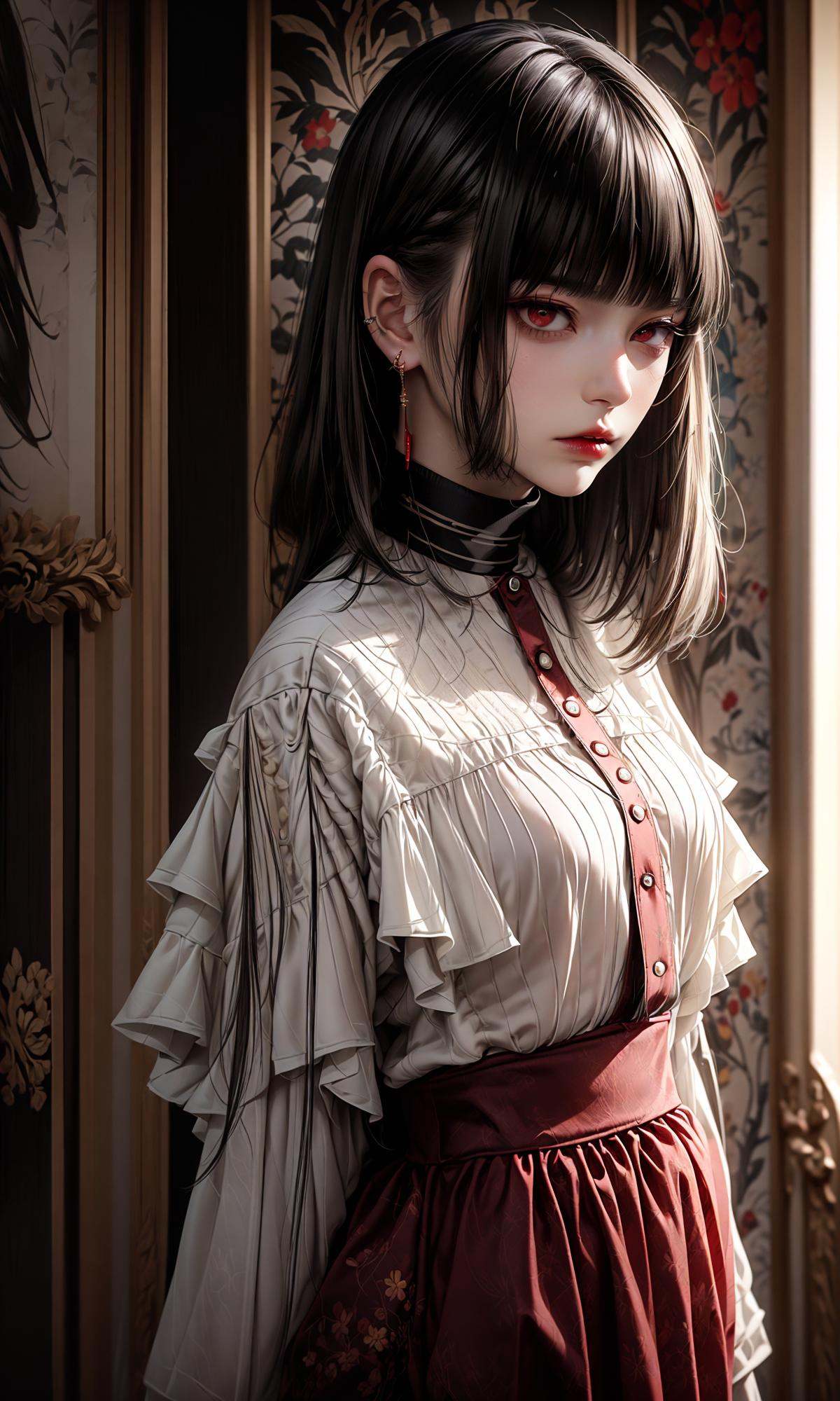 masterpiece, best quality, 32k, insane details, intricate details,1girl, fashion photography, in style of angura kei，hime - cut, straight hair，in a minimalist Misasakan room，high-wistskirt，cllaredshirt，(short hair:1.4)，striped，blunt bangs，sideways glance, (cold attitude,eyeshadow,eyeliner:1.1),(red lips:1.5), (Mole under eye:1.0),hand in pocket，flower，<lora:绪儿-公主切hime cut:0.8>