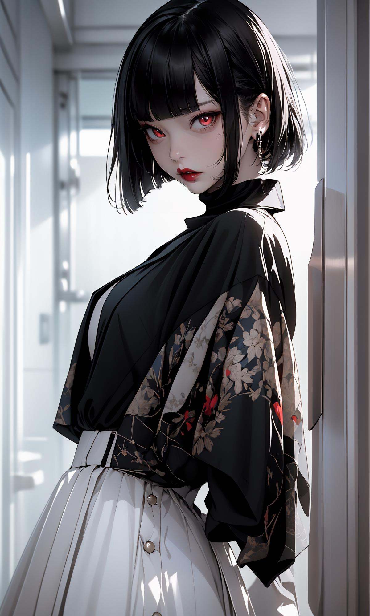 masterpiece, best quality, 32k, insane details, intricate details,1girl, fashion photography, in style of angura kei，hime - cut, straight hair，in a minimalist Misasakan room，high-wistskirt，cllaredshirt，short hair，striped，blunt bangs，A mature face，sideways glance, (cold attitude,eyeshadow,eyeliner:1.1),(red lips:1.5), (Mole under eye:1.0),hand in pocket，flower，<lora:绪儿-公主切hime cut:0.8>