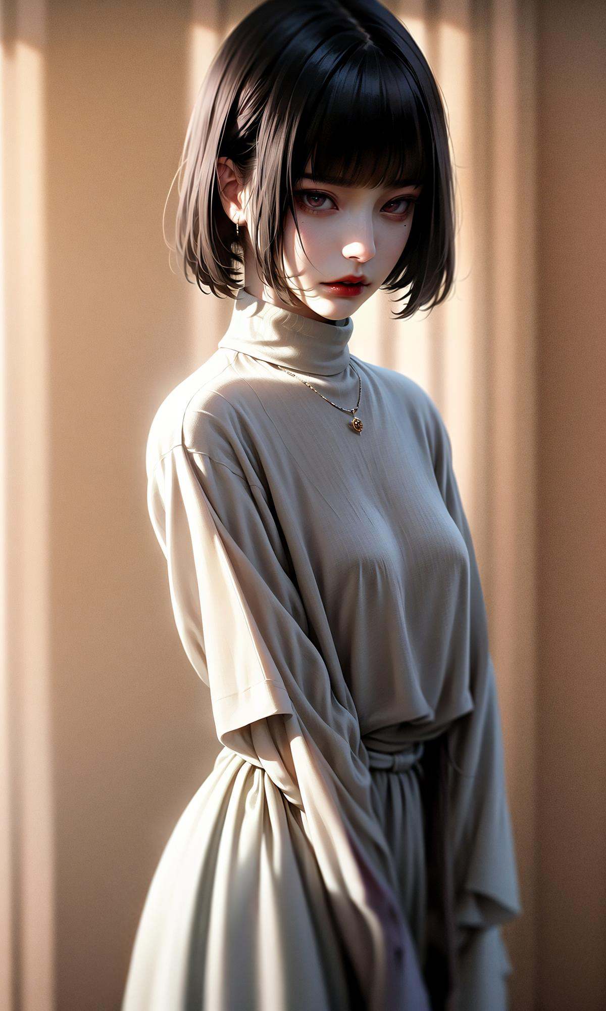 masterpiece, best quality, 32k, insane details, intricate details,1girl, fashion photography, in style of angura kei，hime - cut, straight hair，in a minimalist Misasakan room，high-wistskirt，cllaredshirt，(short hair:1.4)，striped，blunt bangs，sideways glance, (cold attitude,eyeshadow,eyeliner:1.1),(red lips:1.5), (Mole under eye:1.0),hand in pocket，flower，<lora:绪儿-公主切hime cut:0.8>